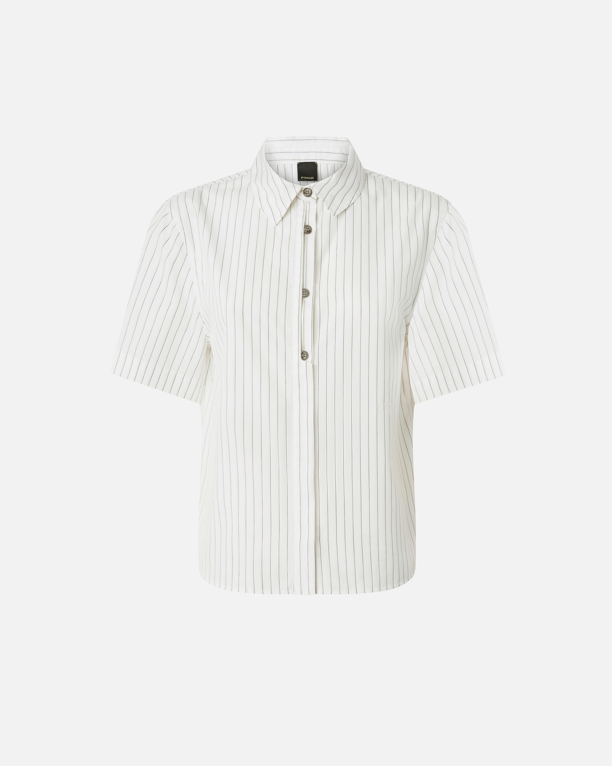 Pinko Multicolored Striped Short Sleeve Button-up Shirt In White/black/ Beige