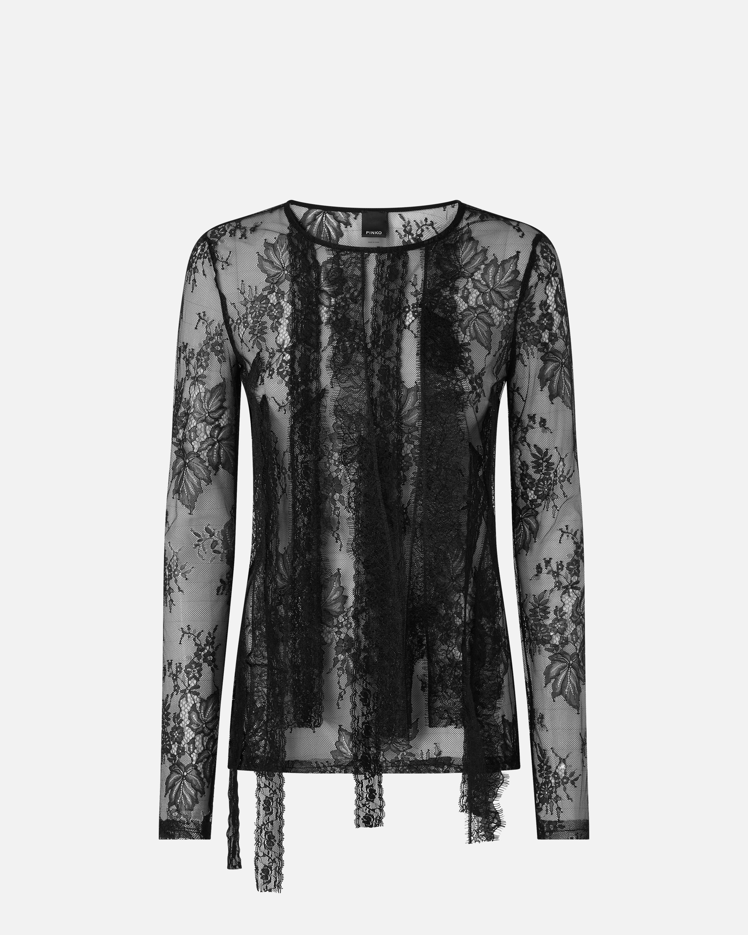 Pinko Slim-fitting Lace Sweater With Fringing In Nero Limousine