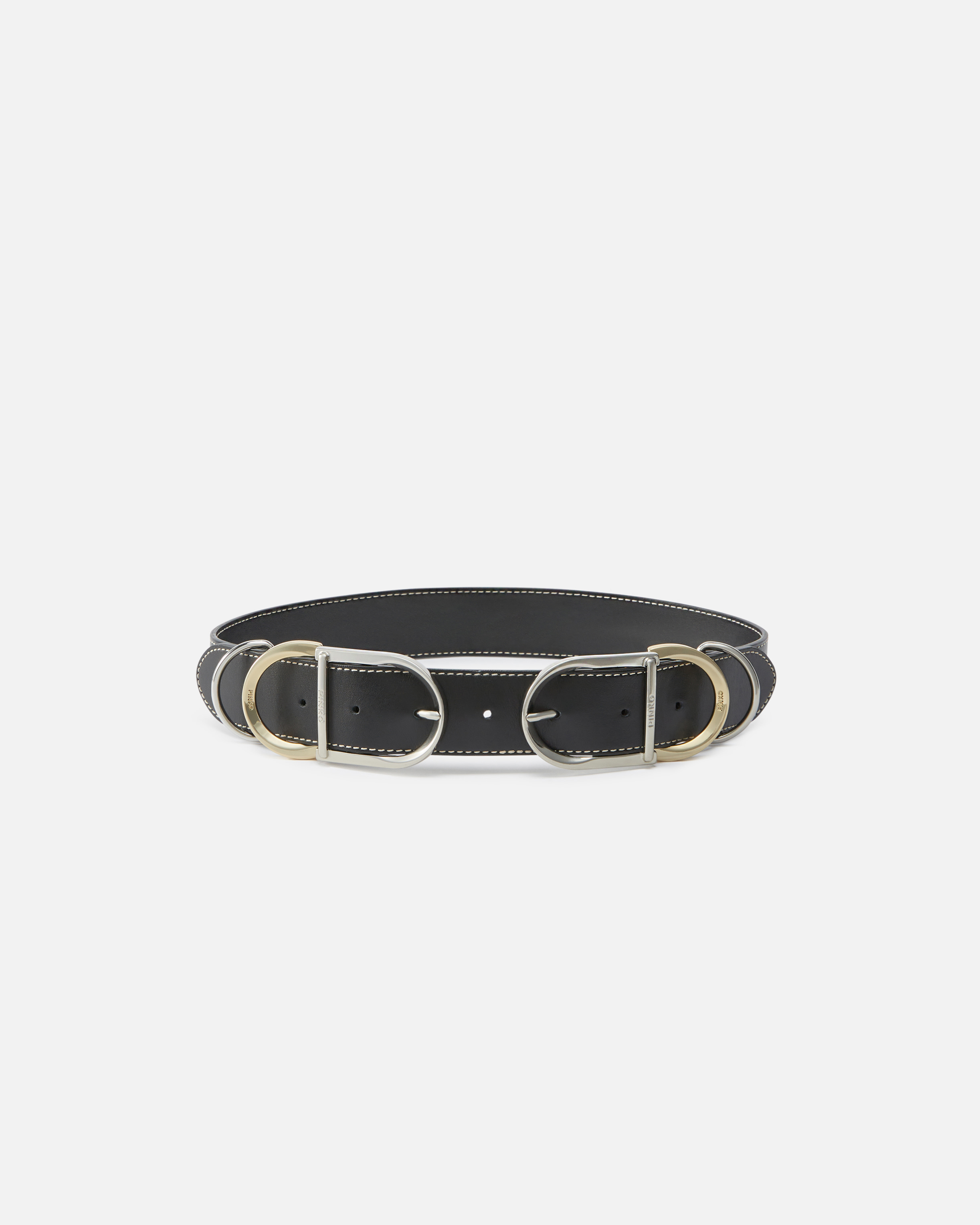 Pinko Leather Belt With Multiple Metal Loops In Nero-mix Gal. Gold Nikel