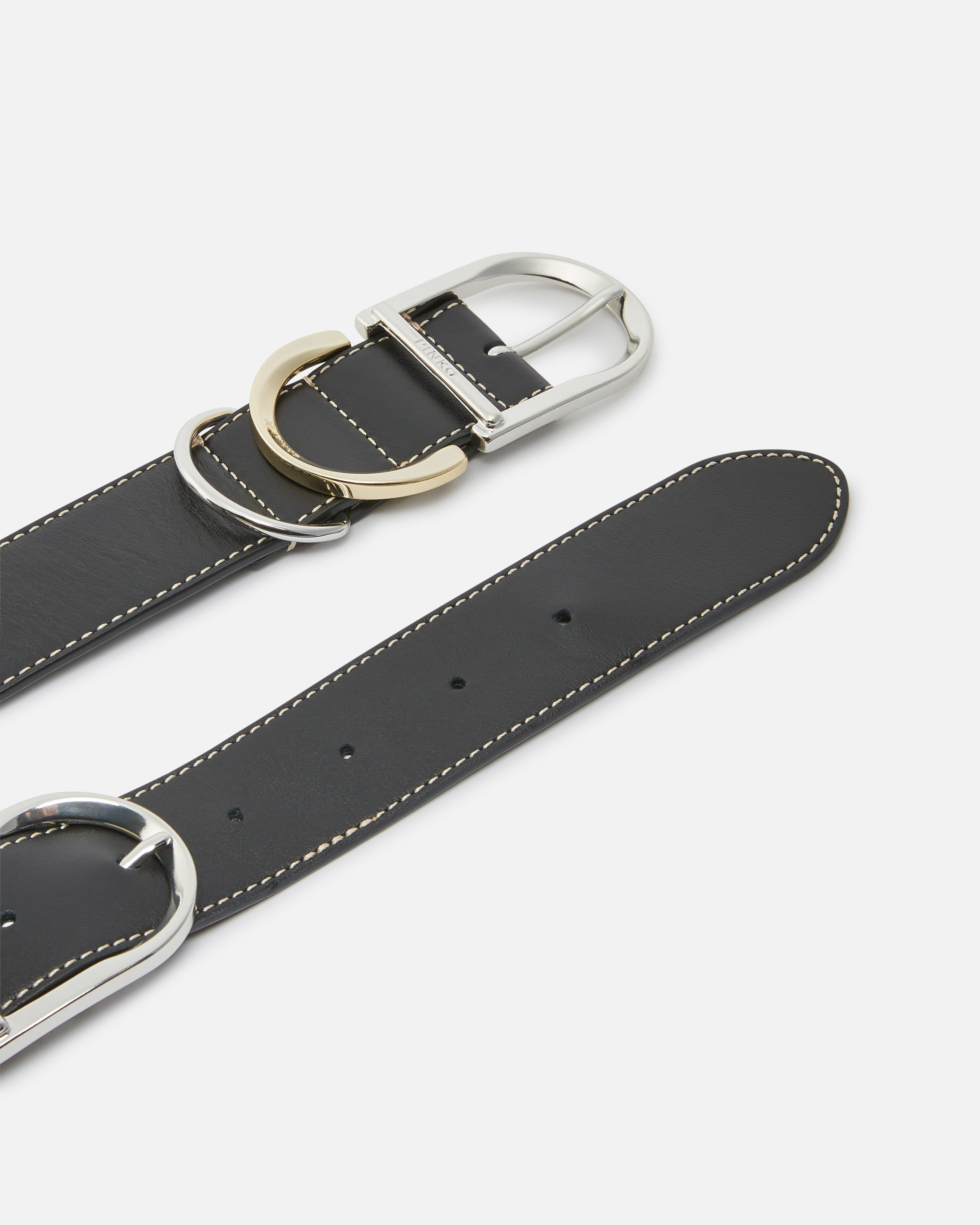 Pinko Leather Belt With Multiple Metal Loops In Nero-mix Gal. Gold Nikel