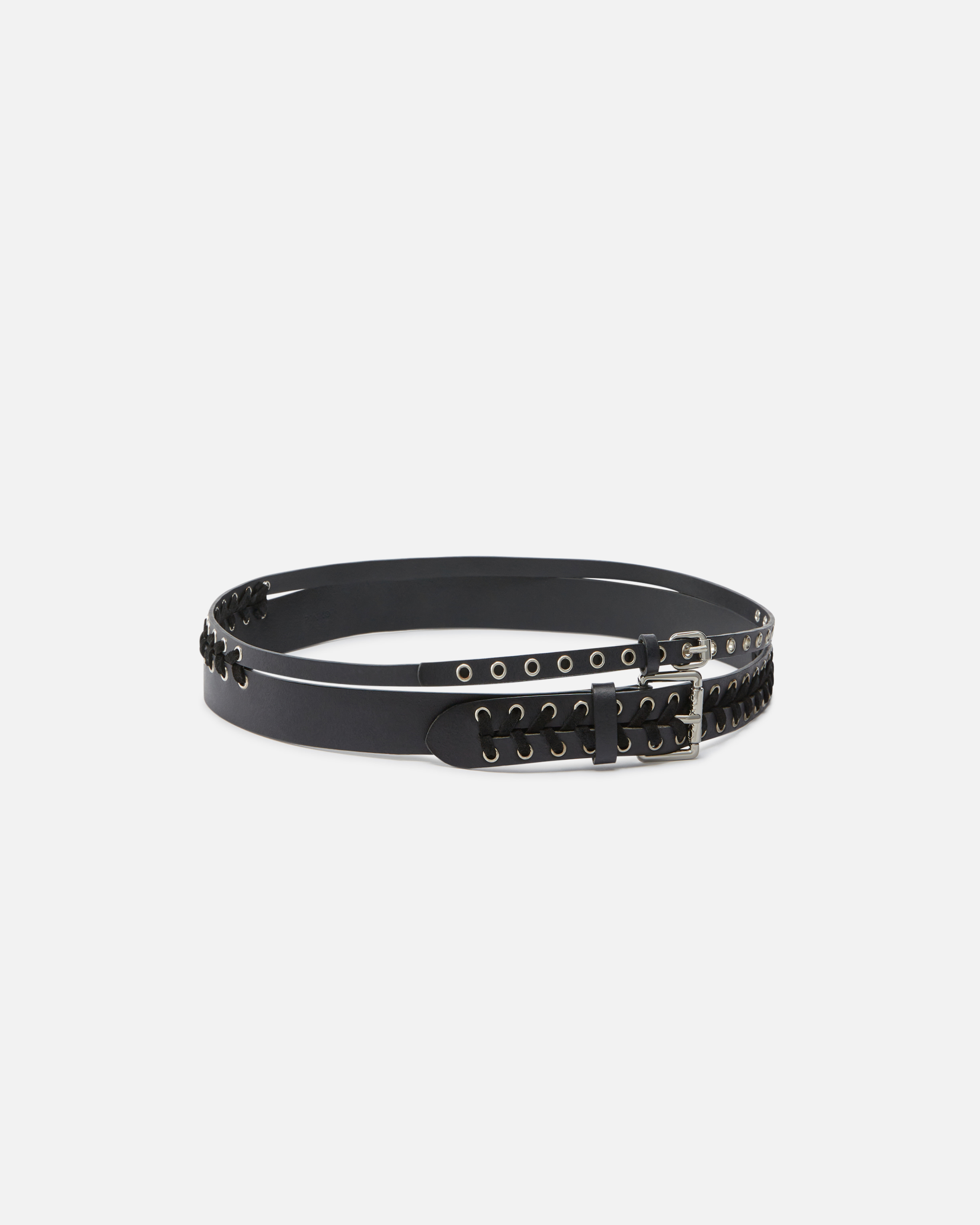 Pinko Double-effect Leather Belt With Threading In Noir Limousine-nickel Brillant