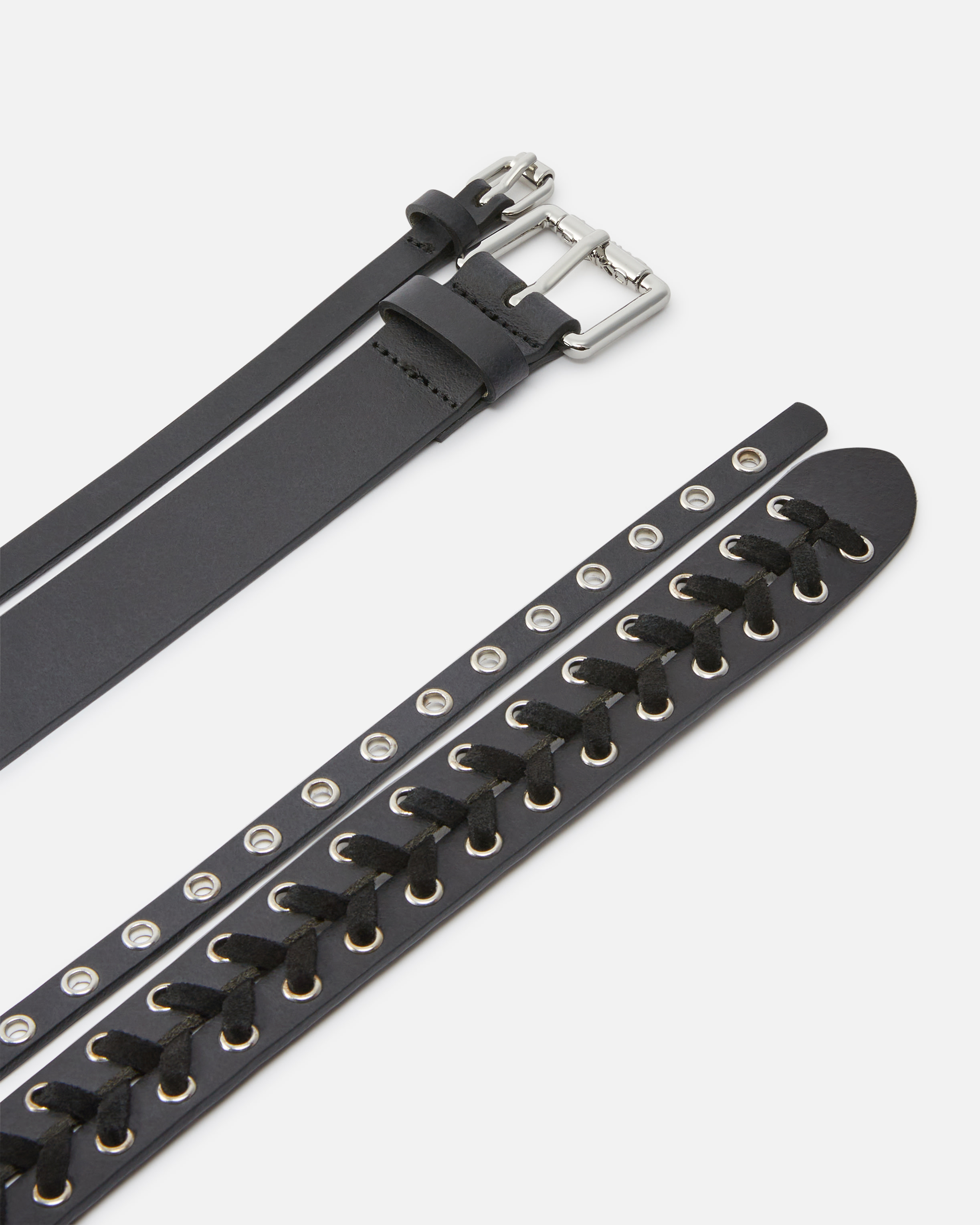 Pinko Double-effect Leather Belt With Threading In Noir Limousine-nickel Brillant