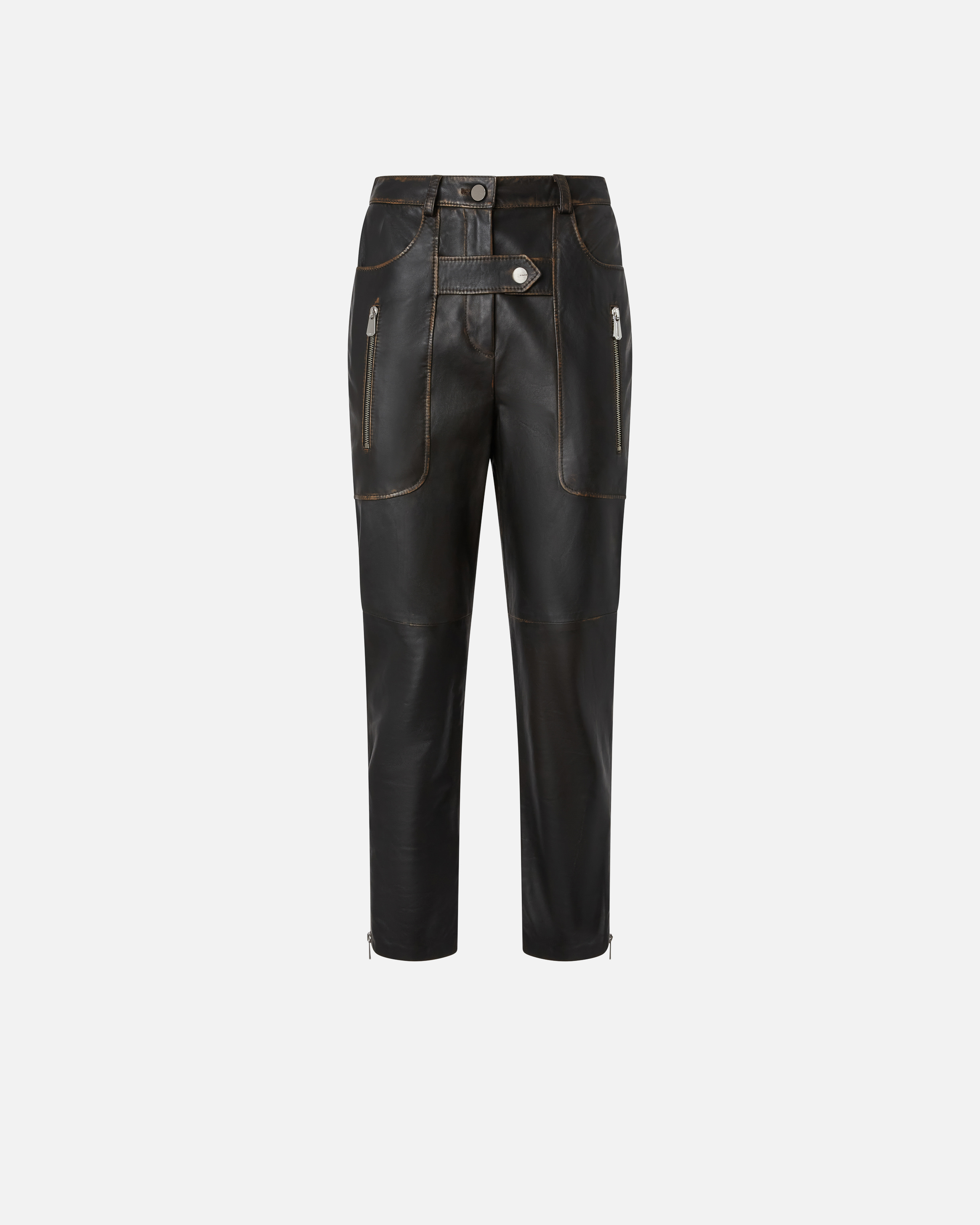 Pinko Leather Biker Pants With Zip In Caviar Black