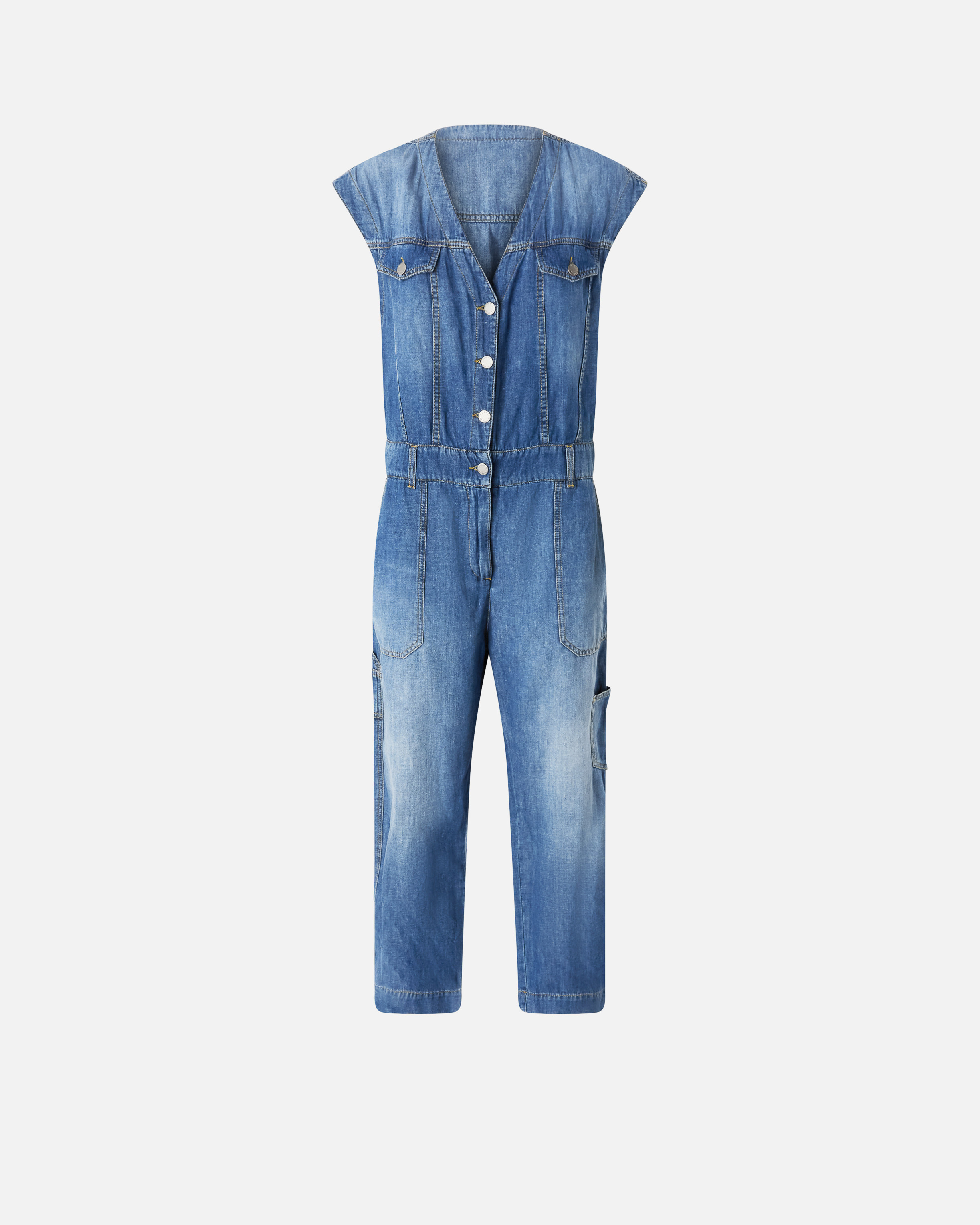 Pinko Denim Jumpsuit With Belt Loops And Pockets In Mid Wash