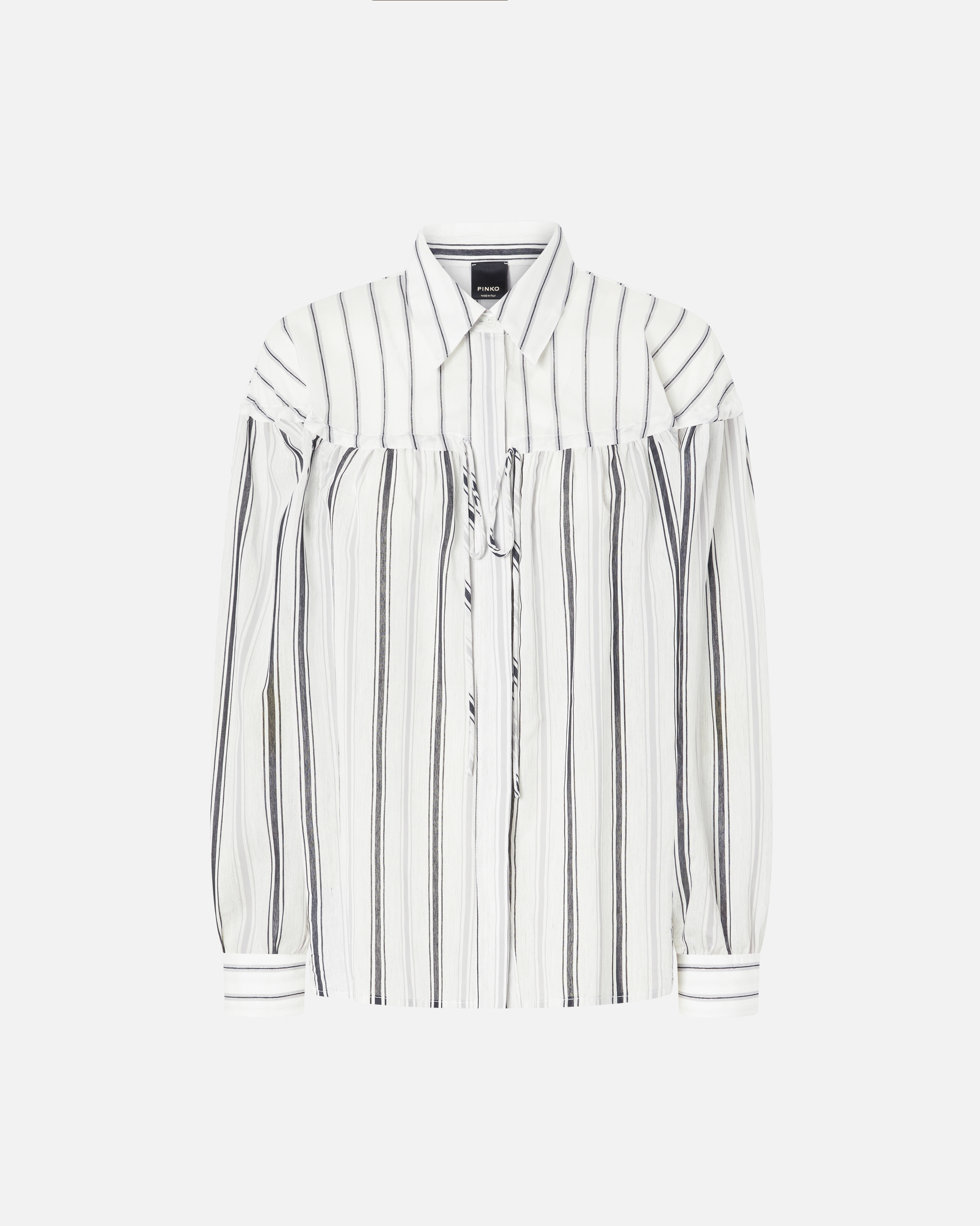 Gestreifte Baumwollbluse mit Bändern - Schwarz, Grau, Weiß - large