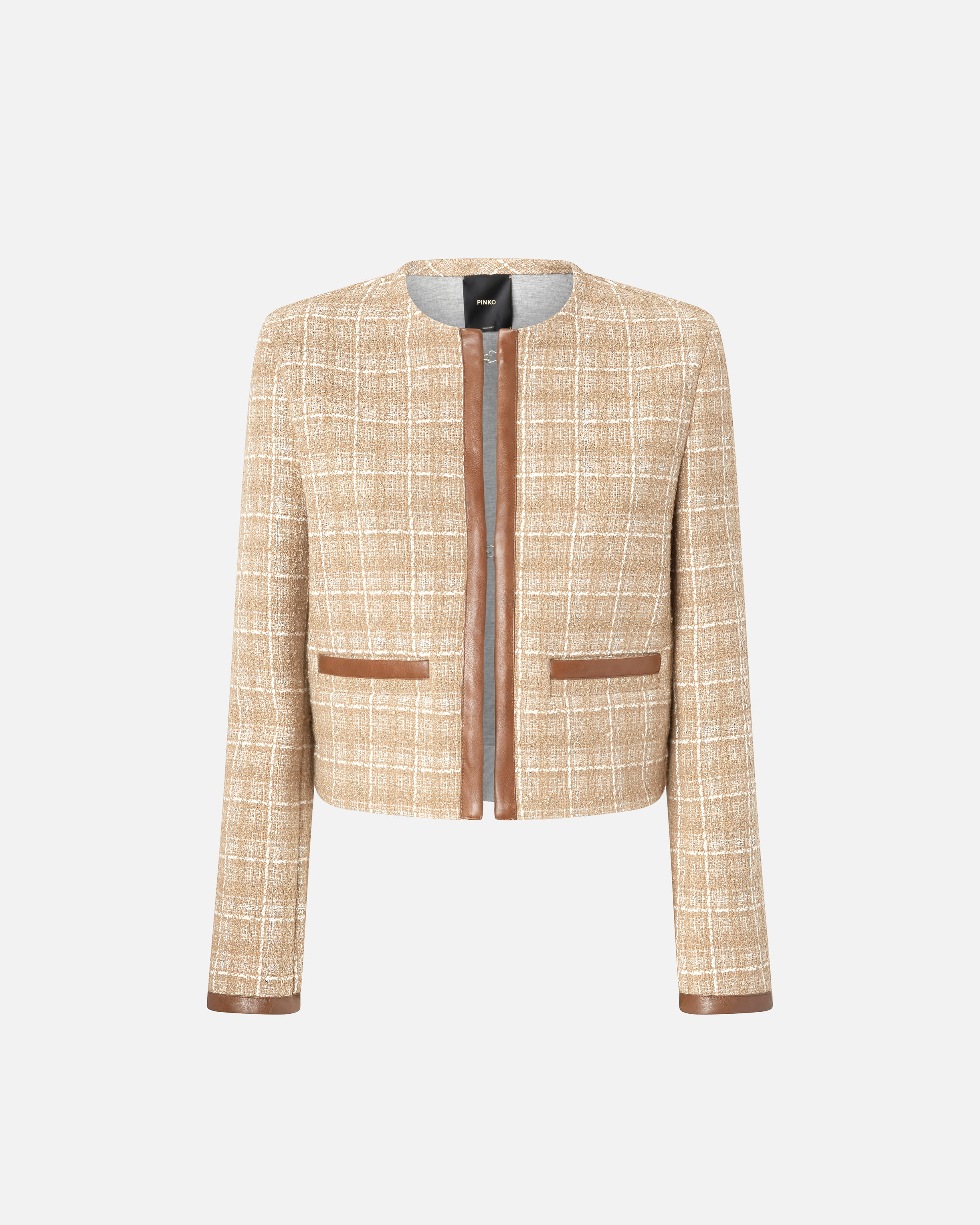 Pinko Small Open Jacket In Tweed And Imitation Leather In Beige/grigio/argento