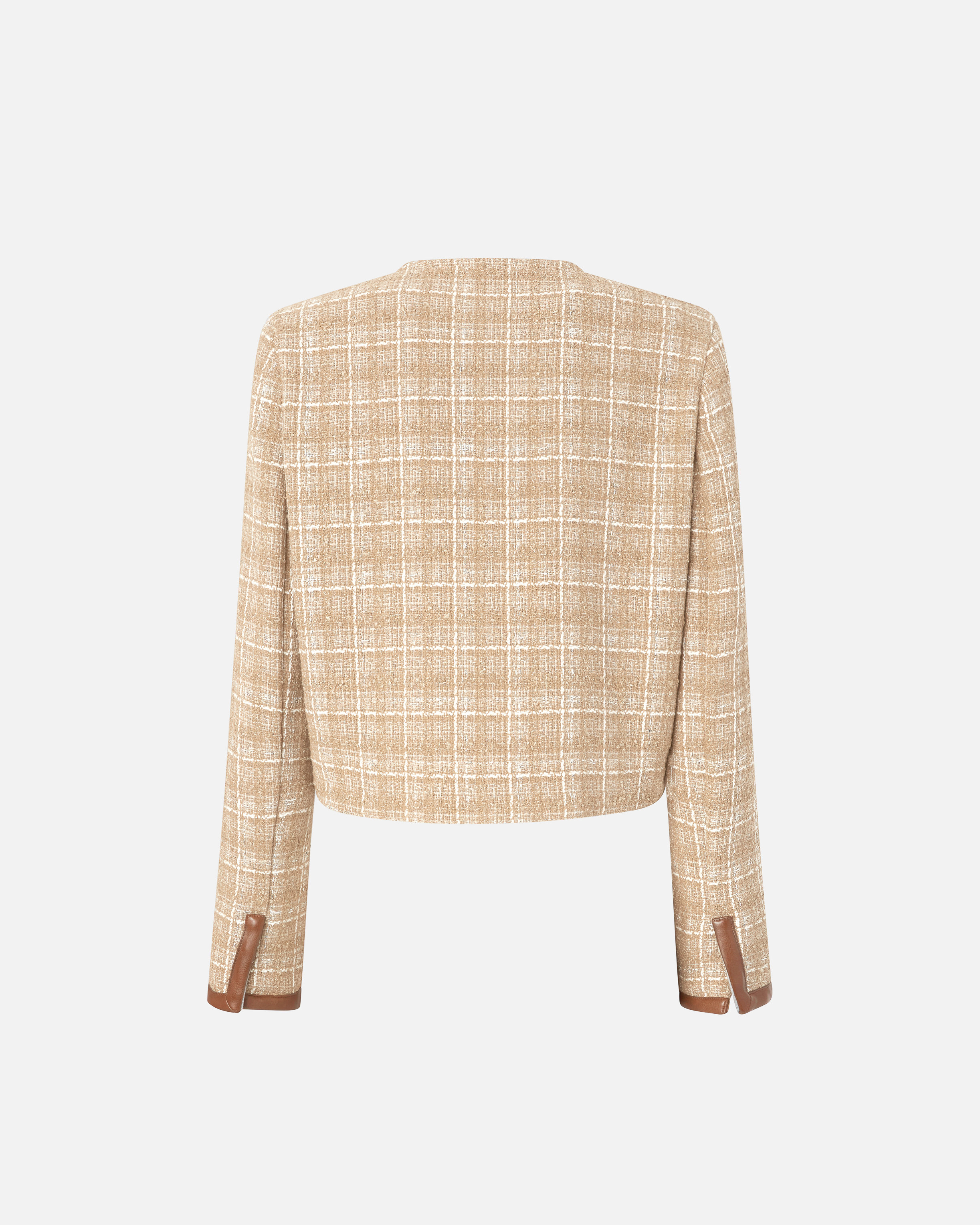 Pinko Small Open Jacket In Tweed And Imitation Leather In Beige/grigio/argento