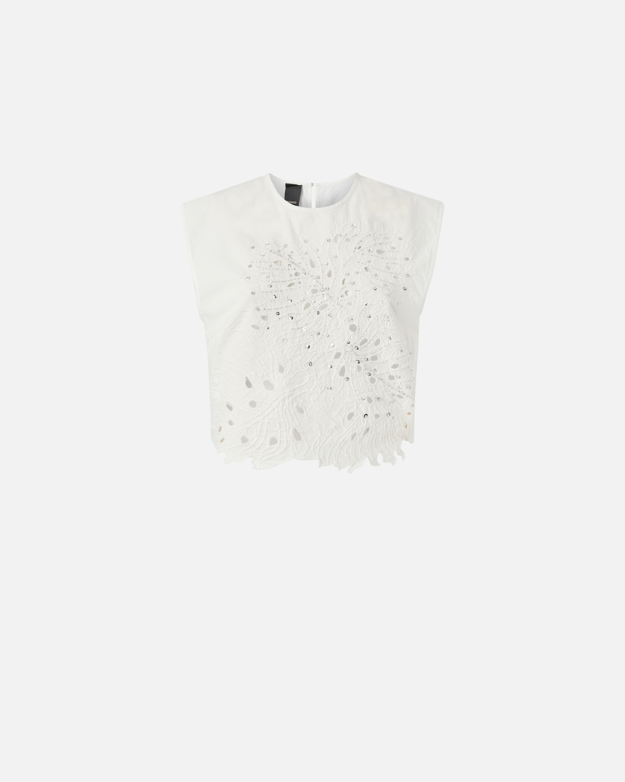 Pinko Crop Top With Openwork Embroidery And Crystals In Bianco-biancaneve