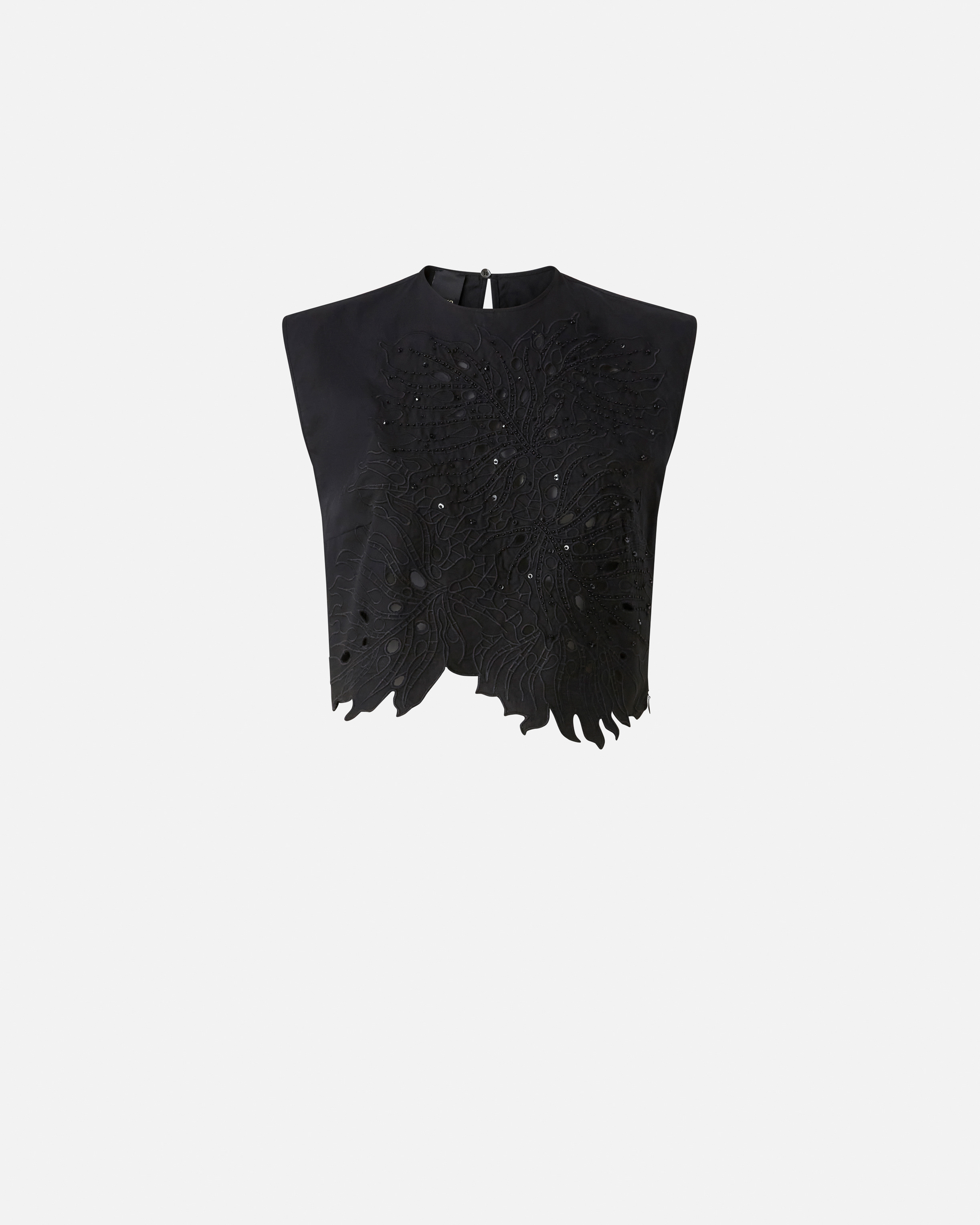 Pinko Crop Top With Openwork Embroidery And Crystals In Limo Black