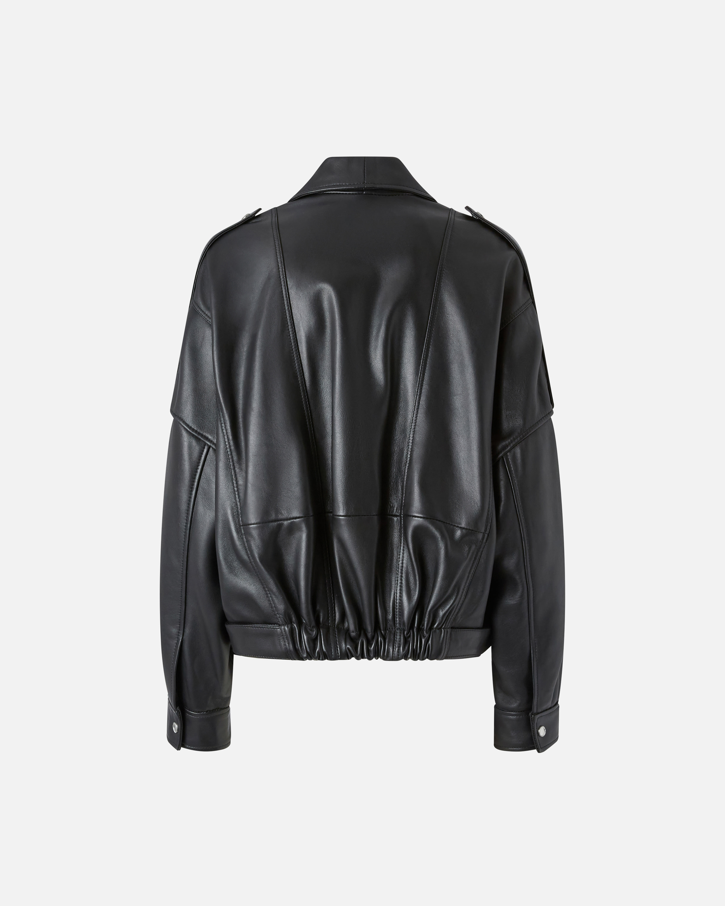 Pinko Cropped Leather Jacket With Asymmetrical Zip In Noir Limousine