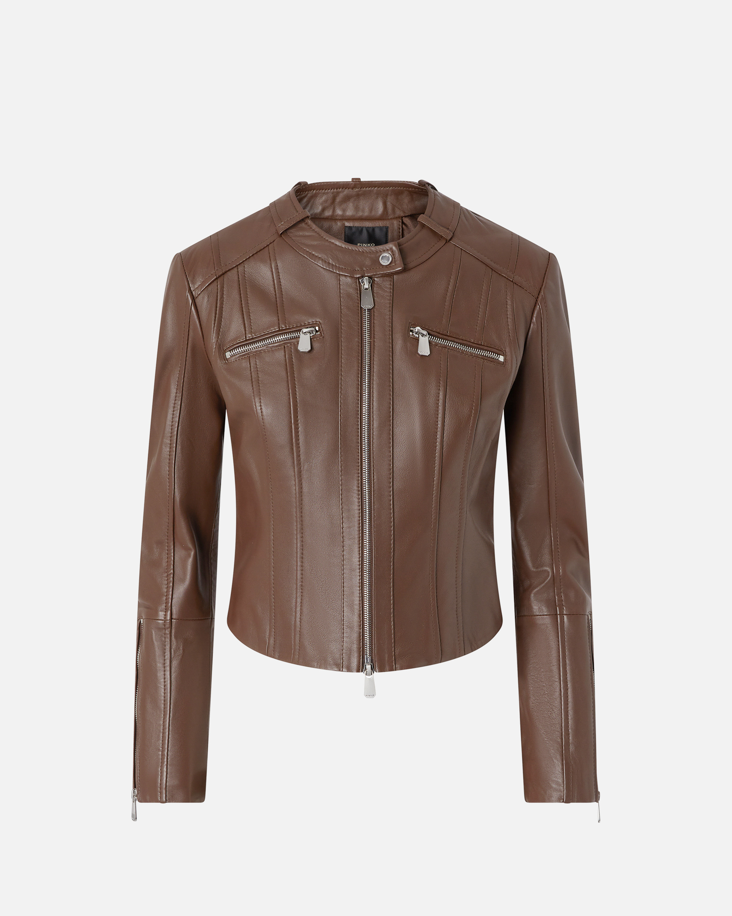 Pinko Nappa Leather Biker Jacket With Vertical Topstitching In Brown-sassicaia