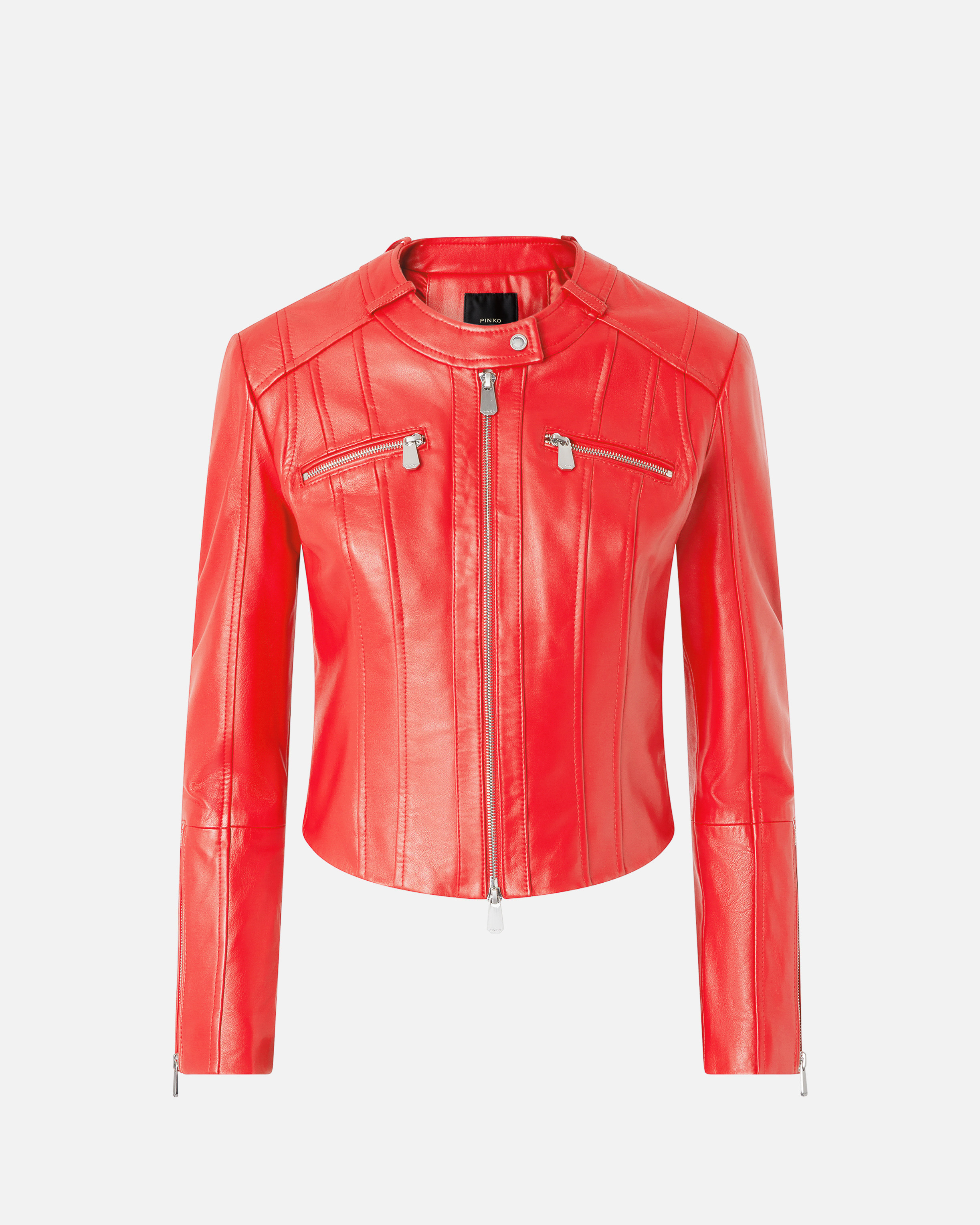 Pinko Nappa Leather Biker Jacket With Vertical Topstitching In Lively Red