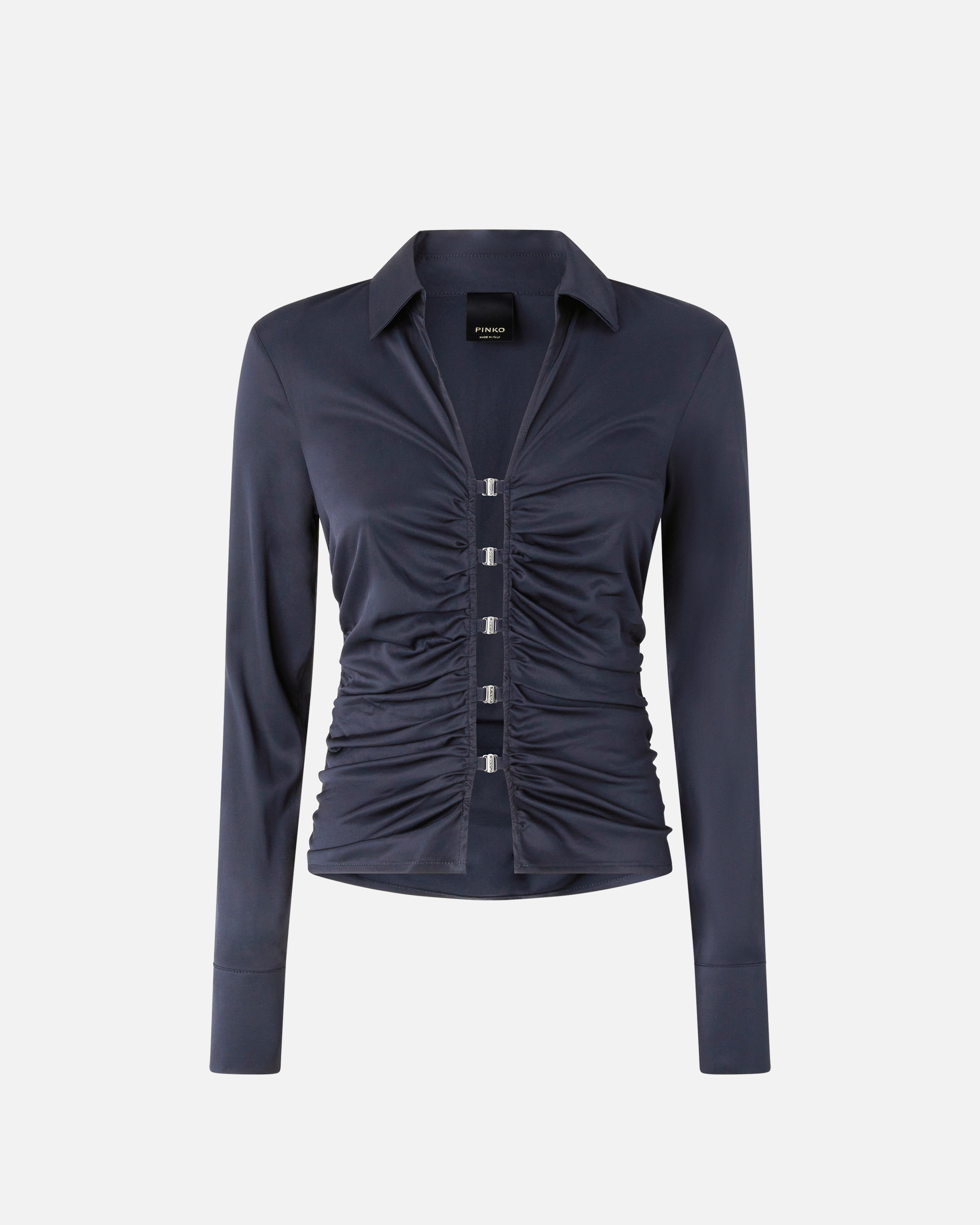 Pinko Shiny Blouse With Gathers And Open Back In Blu Tenebra