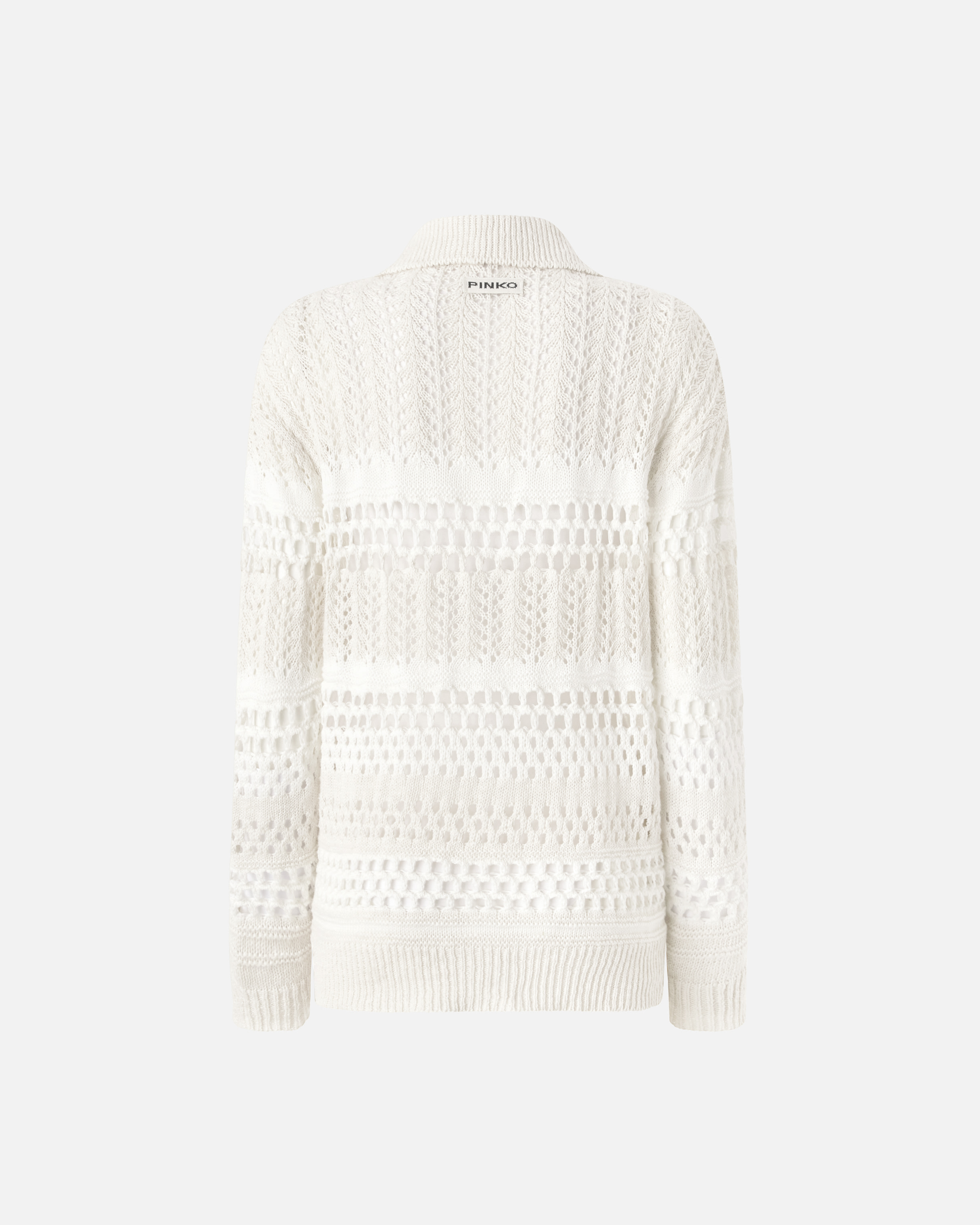 Pinko Perforated Cotton Sweater With Collar In Bianco/bianco