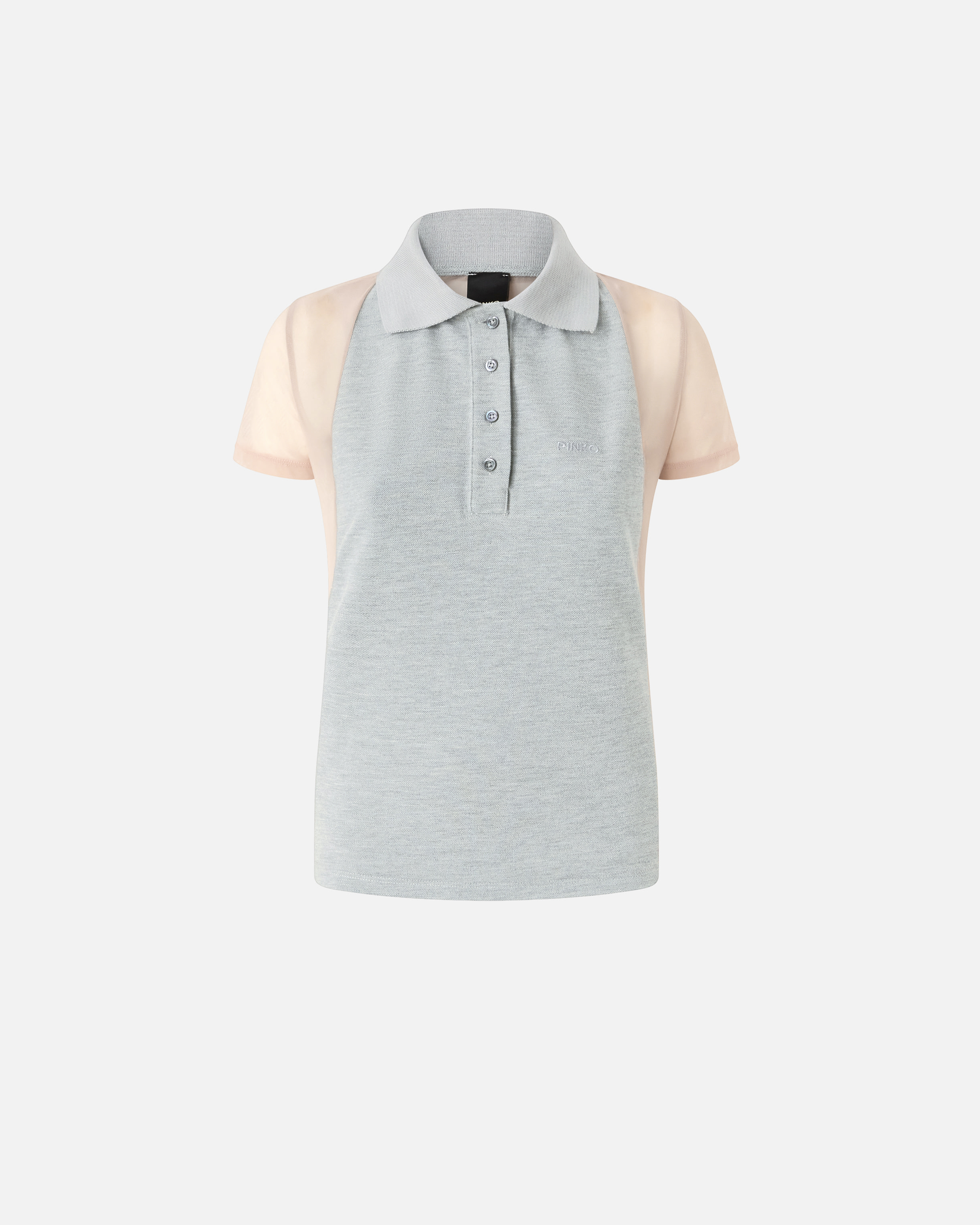 Pinko Tulle And Cotton Polo T-shirt With Mini Logo Embroidery In Mel Grey/nude