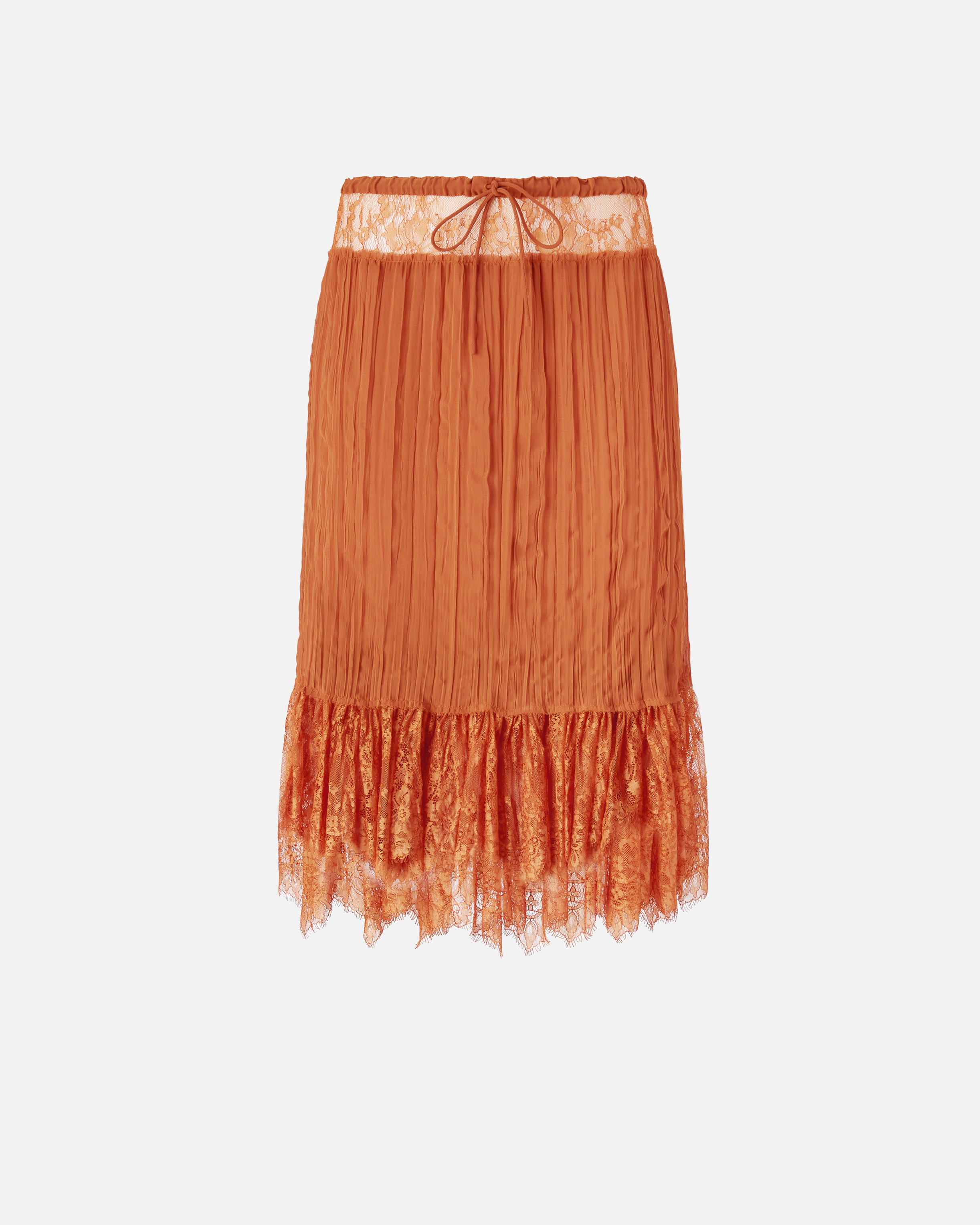 Geraffter knielanger Rock mit Spitze - Braun - large