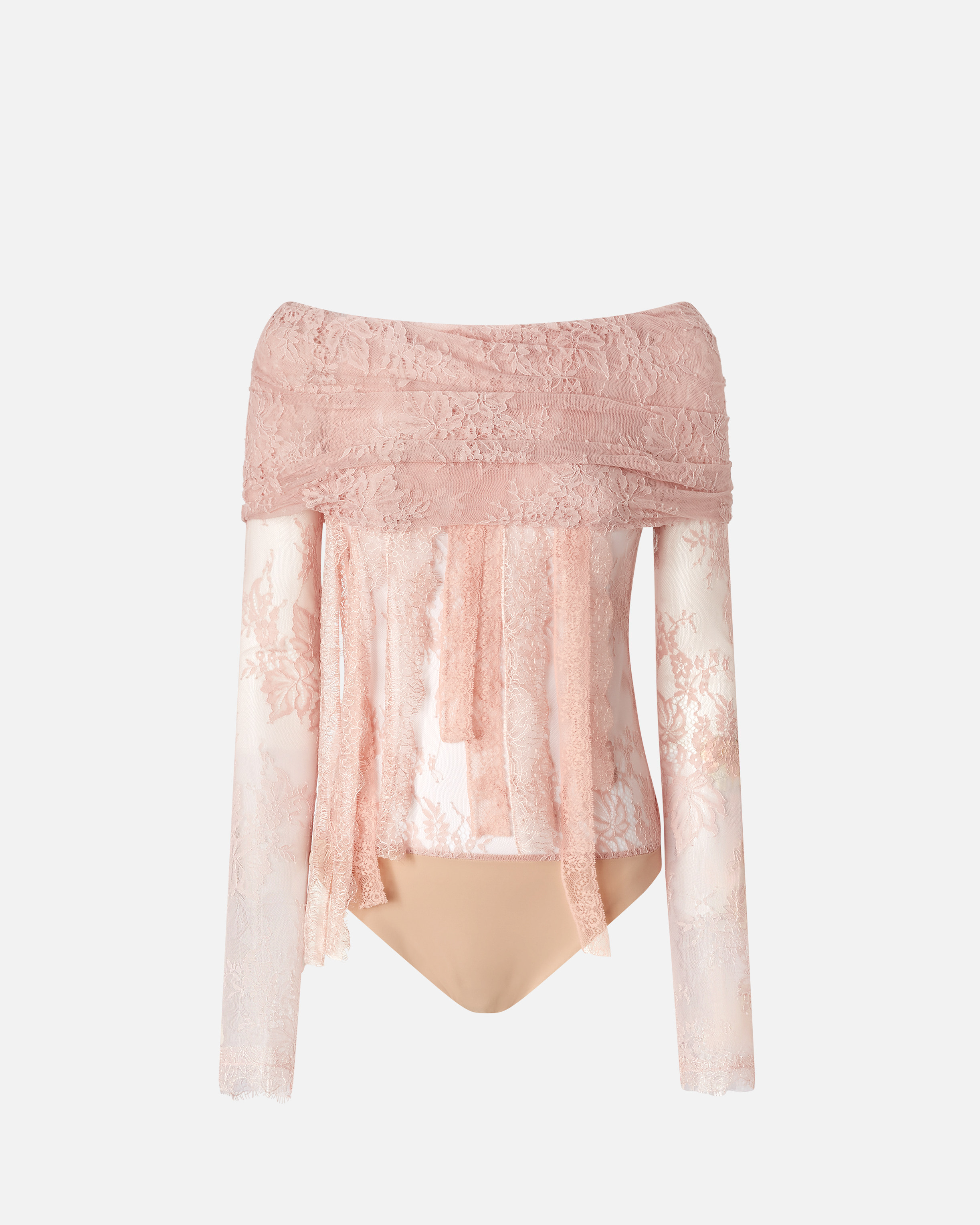 Pinko Sheer Lace Bodysuit With Open Shoulders In Light White Coffee