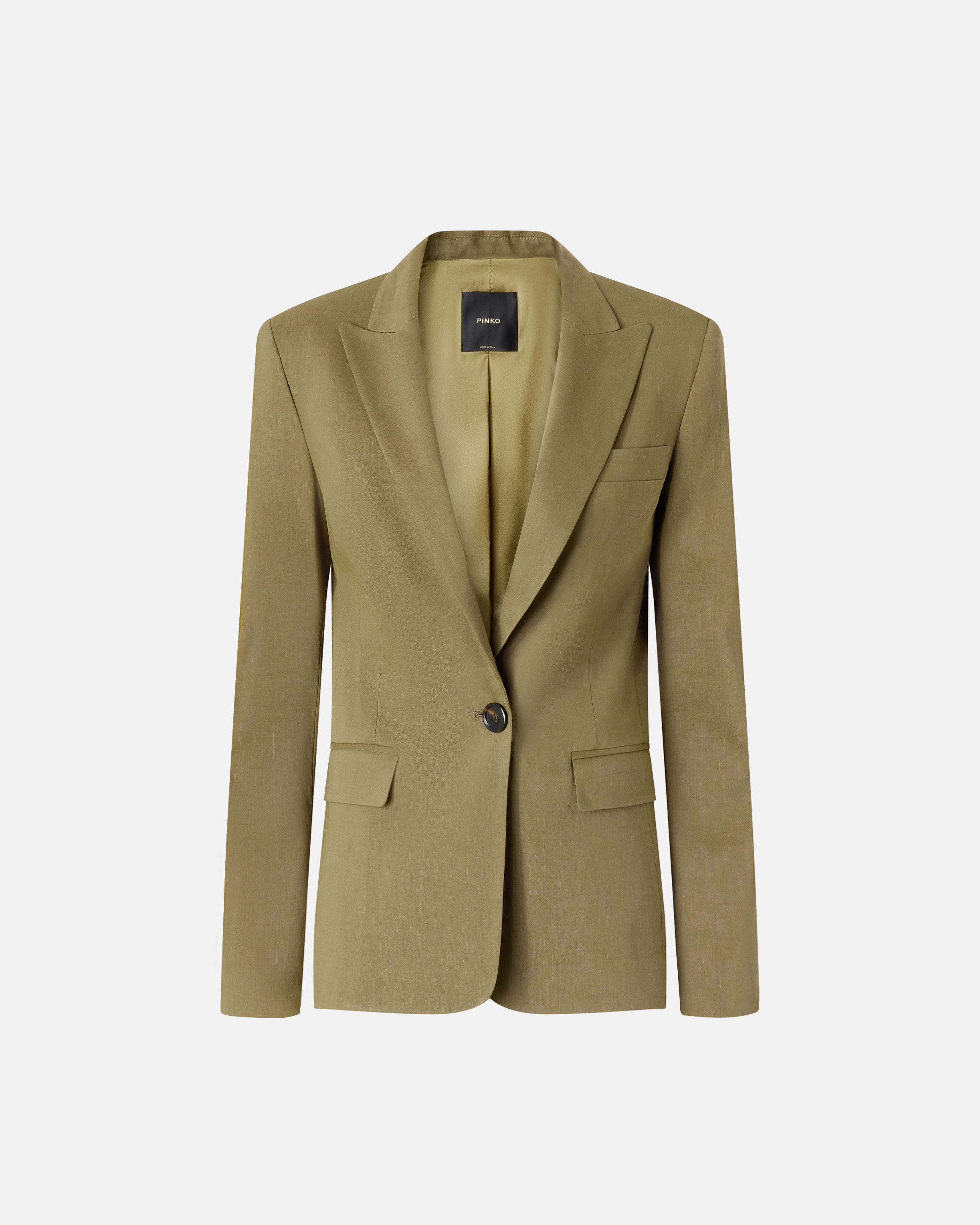 Pinko Tailored Green Linen-viscose Blazer With Notched Lapels In Military Olive Green