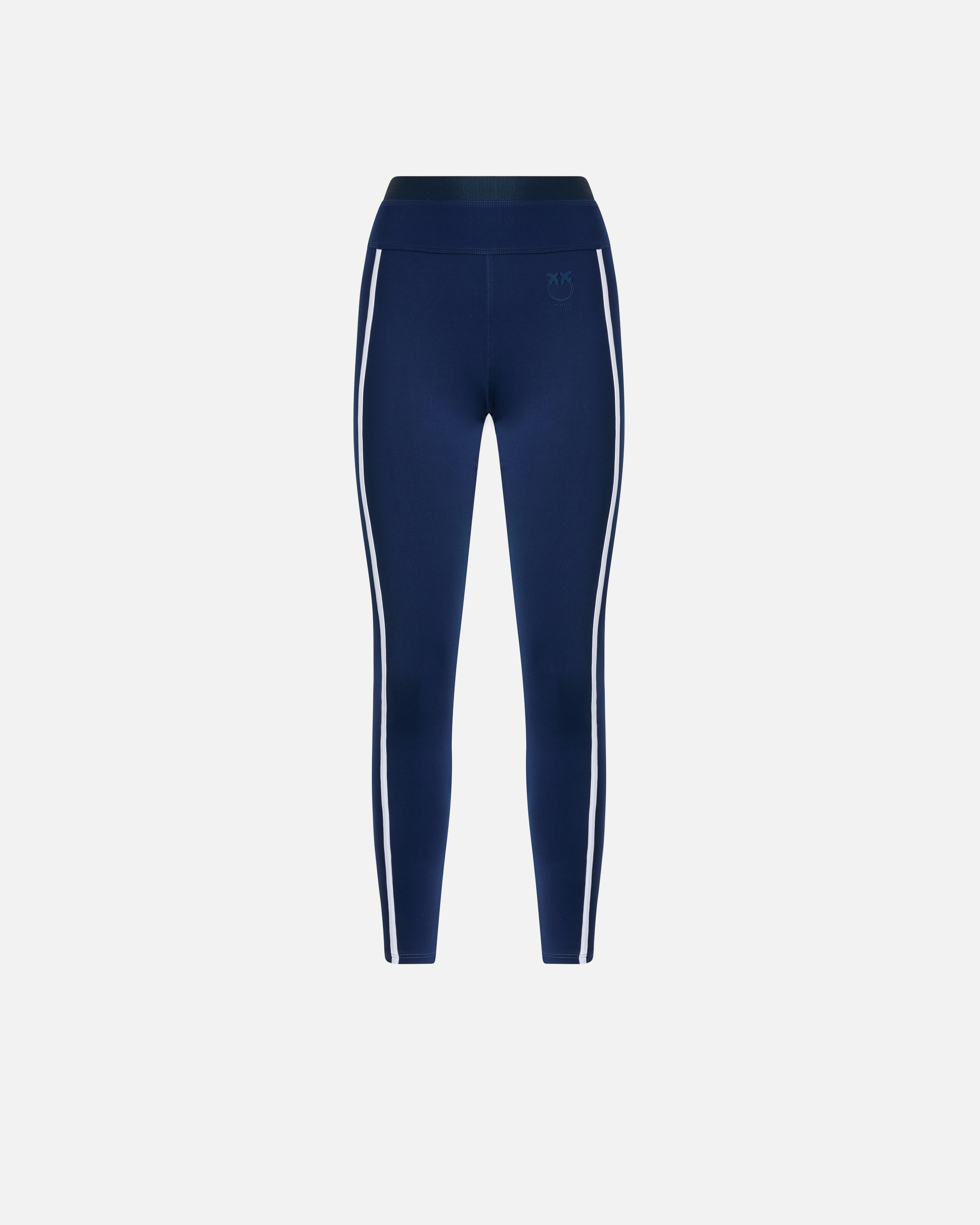 Pinko 'luna Piena' Blue Pants With Love Birds Diamond Cut Embroidery On The Front And Side Striped Detail In Blue/white