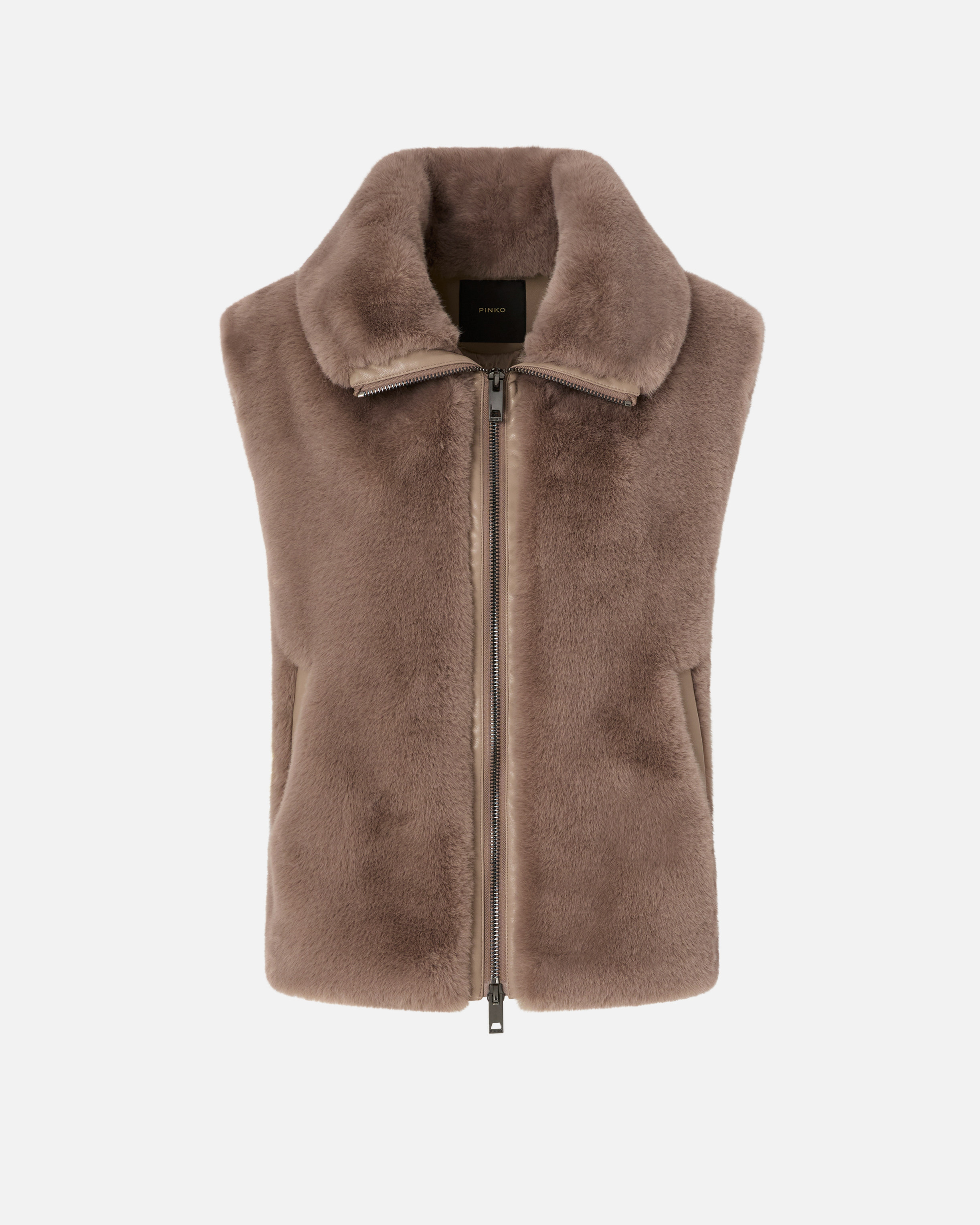 Pinko High Collar Faux Fur Vest In Beige