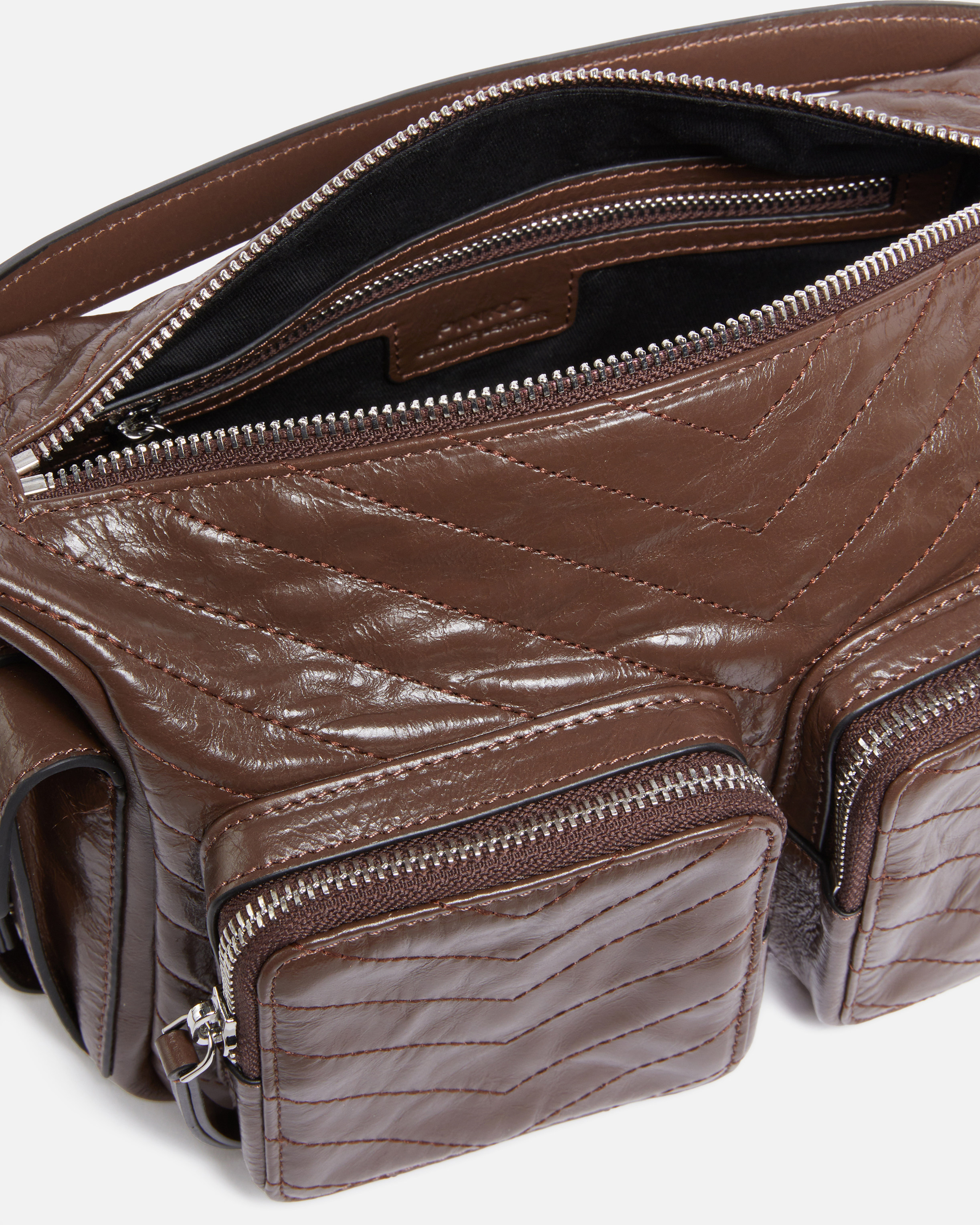 Pinko Rectangular Quilted Leather Shoulder Bag In Brown