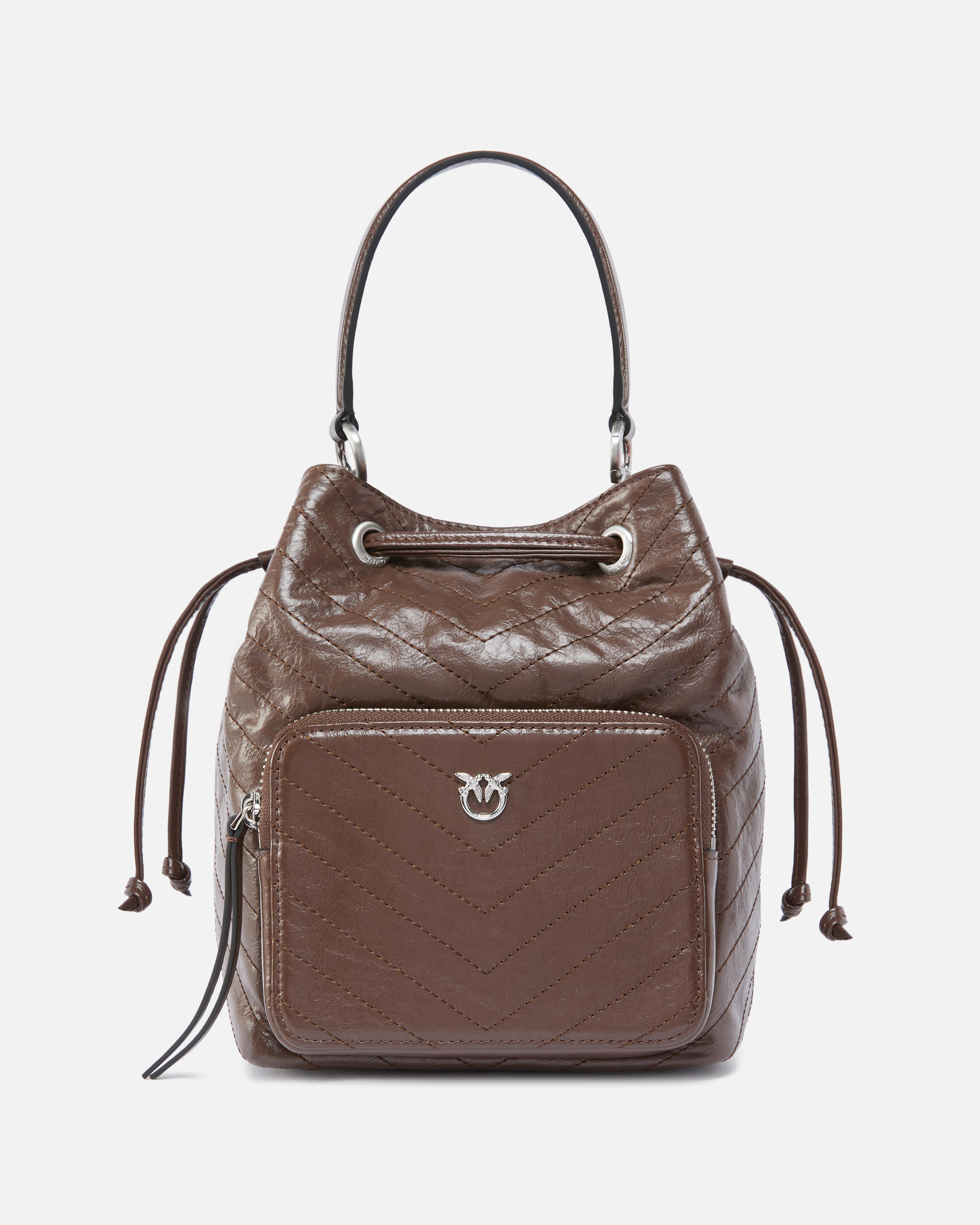 Small leather Cargo Bucket Bag with pocket - Brown - large | Pinko 