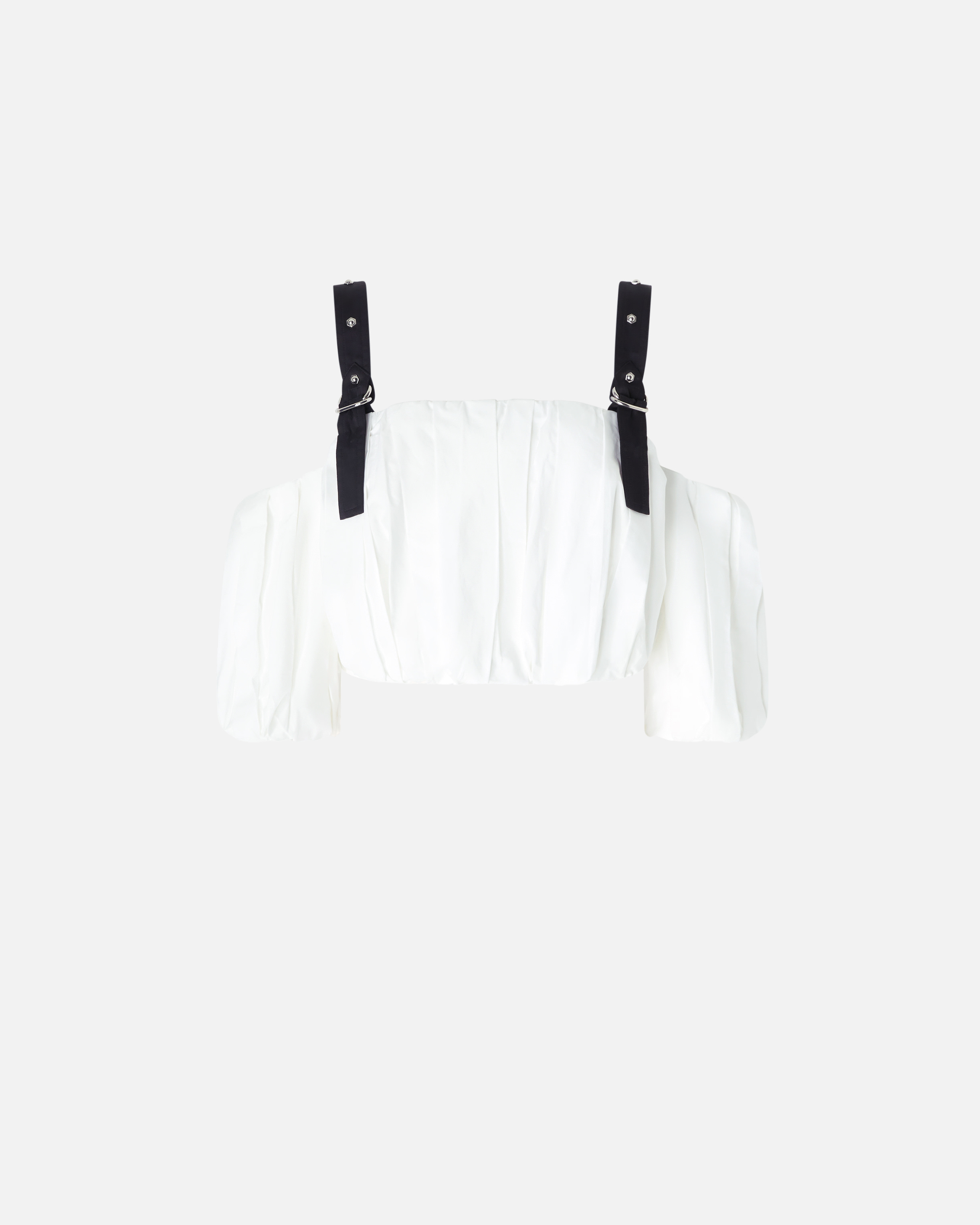 Pinko Cropped Beige Top With Puff Sleeves And Adjustable Straps In Blanc/noir