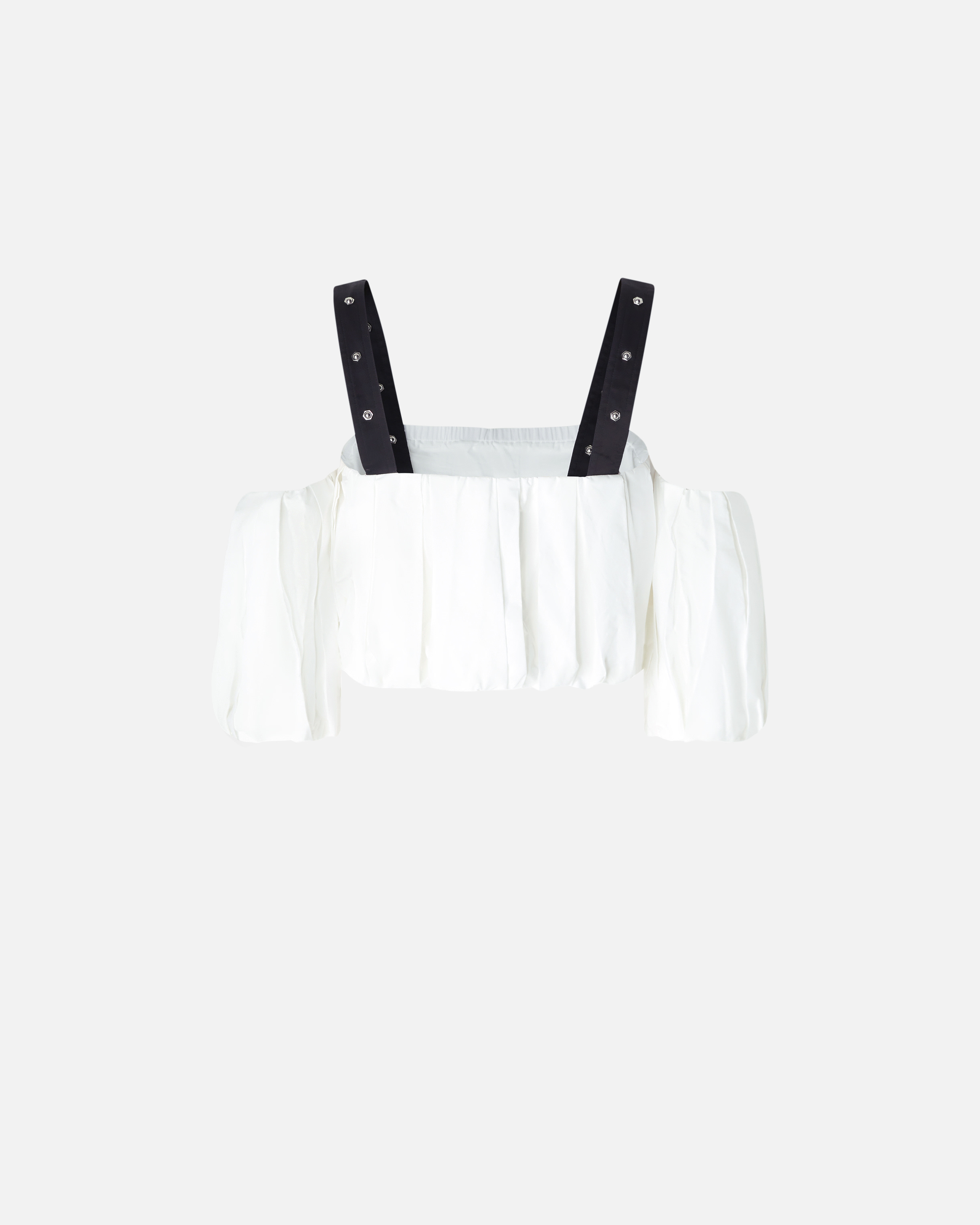 Pinko Cropped Beige Top With Puff Sleeves And Adjustable Straps In Blanc/noir