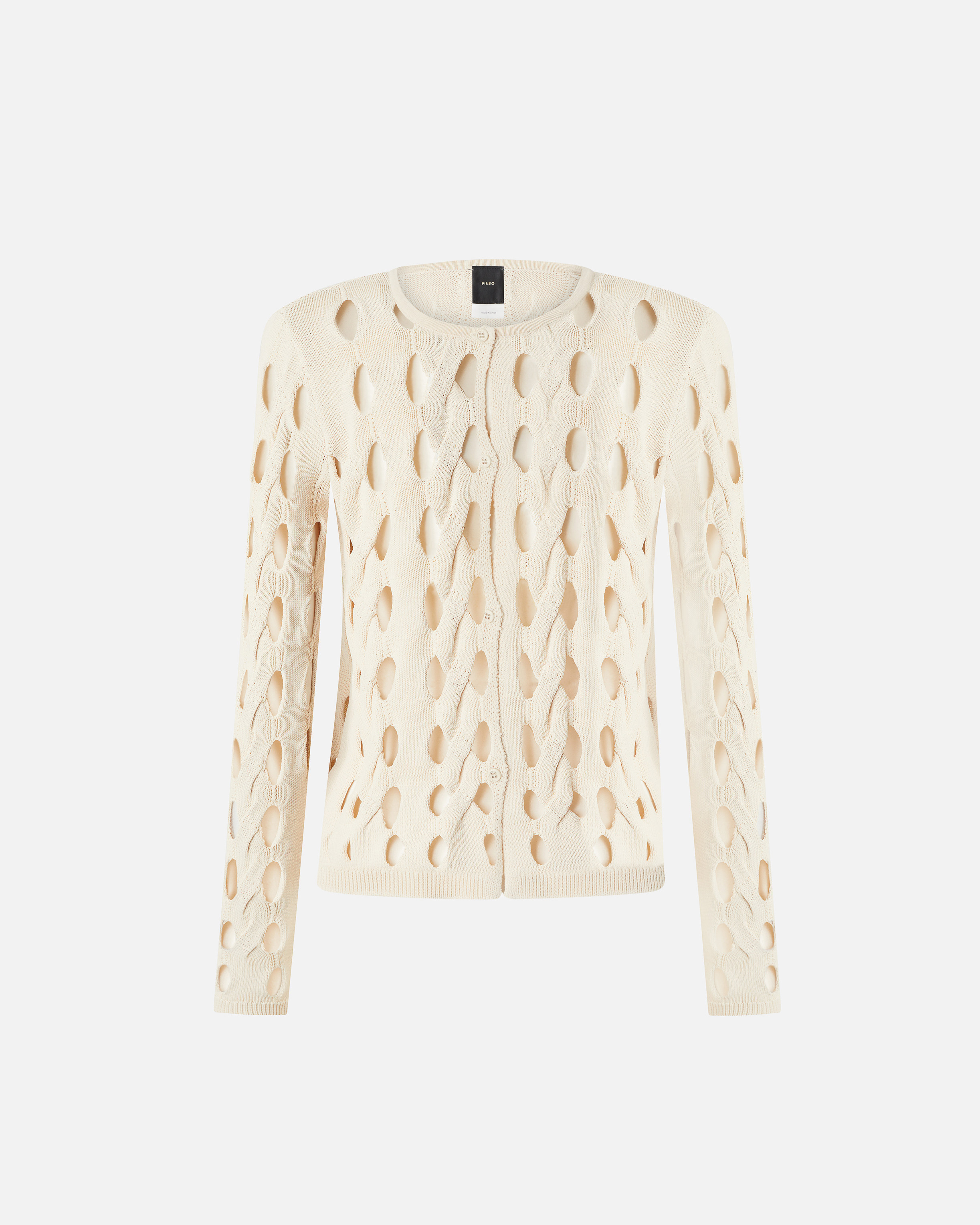 Pinko Cropped Knit Openwork Cardigan In Blanc Cygne