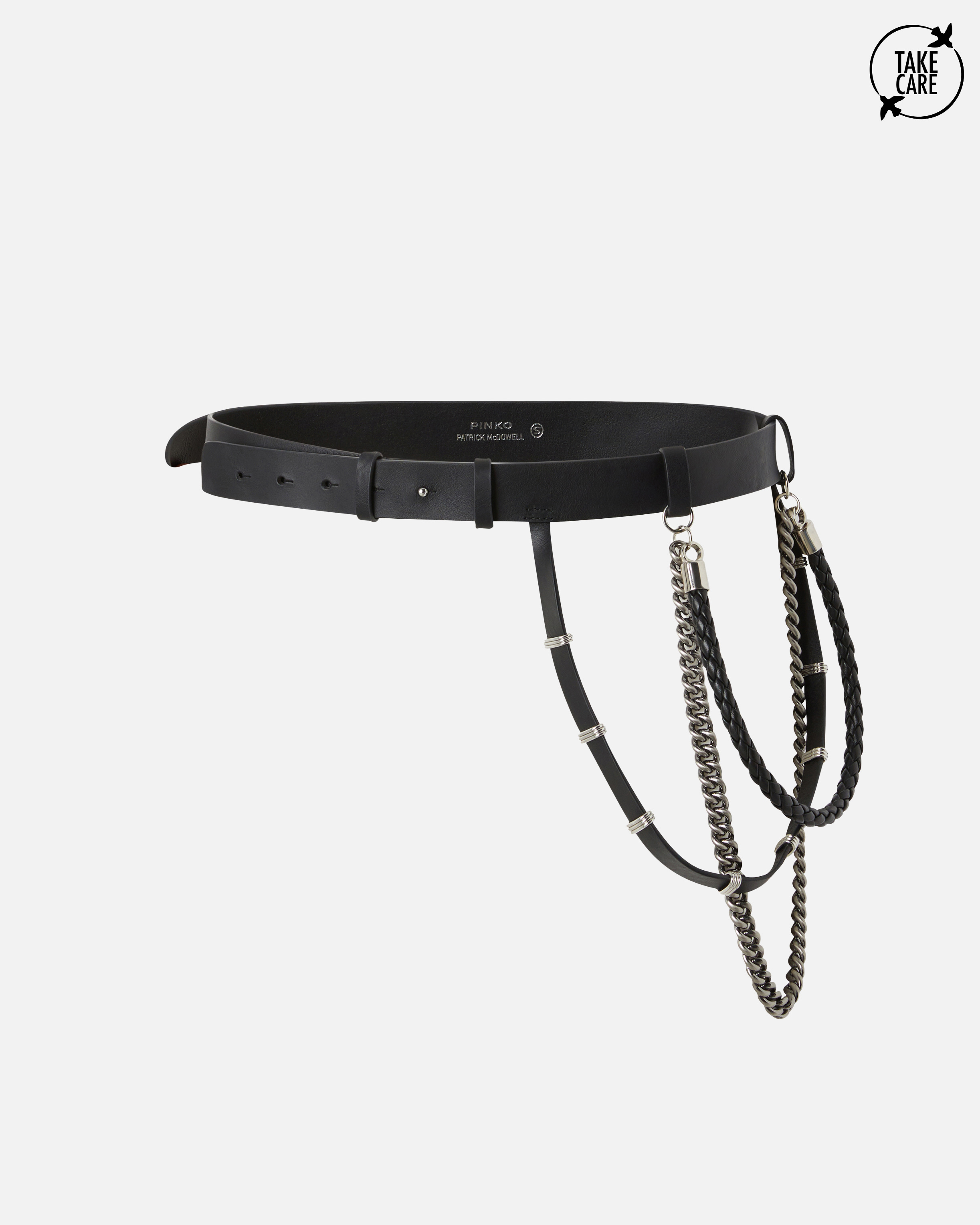 Pinko Leather Belt With Chains And Straps In Black-old Silver