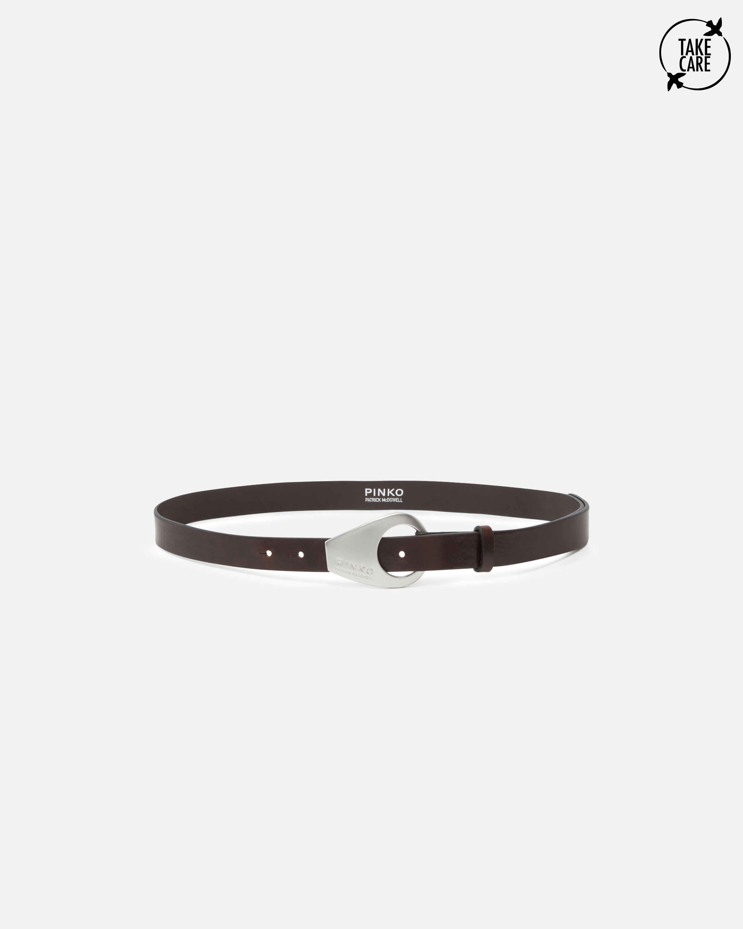 Pinko Brown Geometric Buckle Belt In Dark Brown-brushed Silver