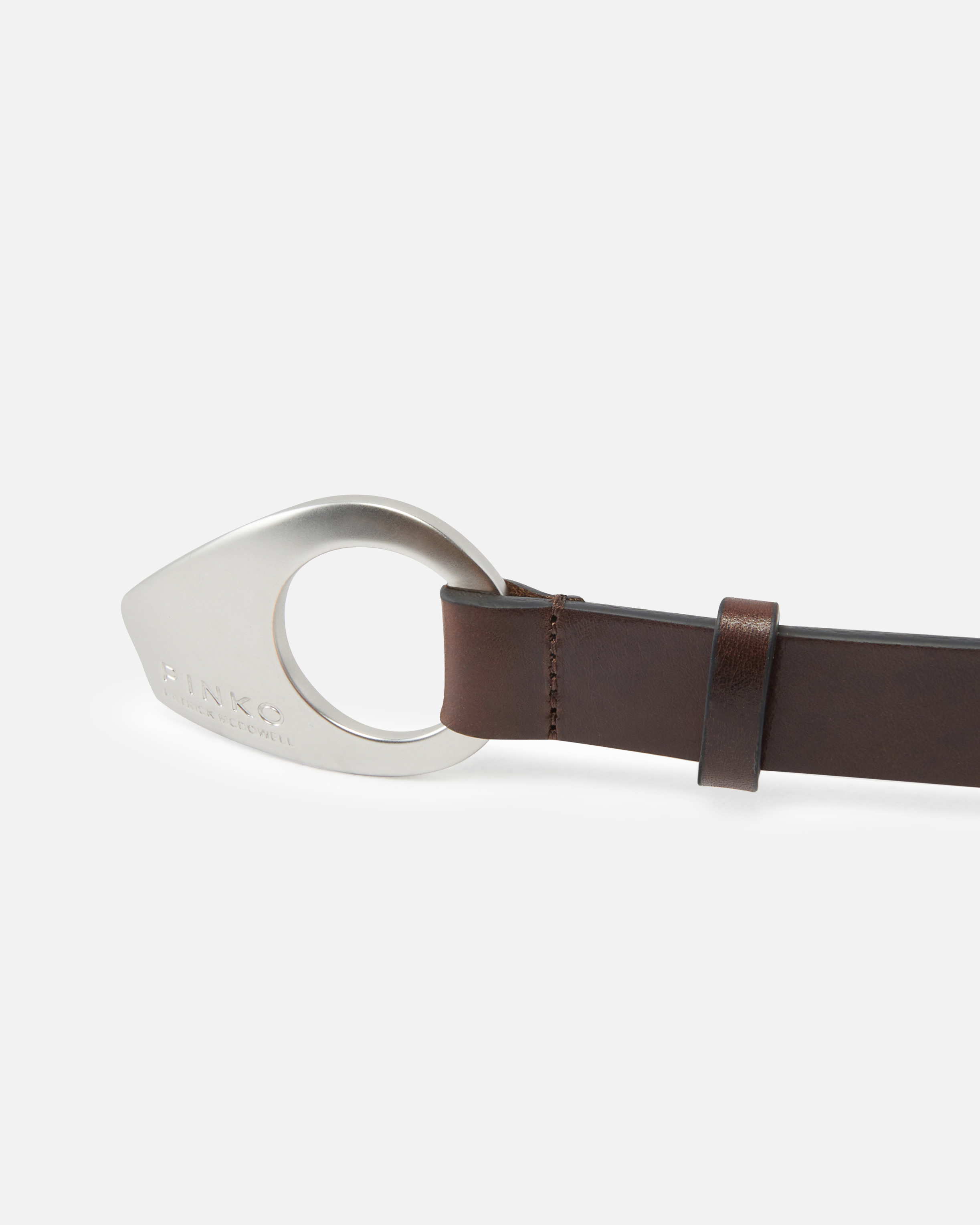 Pinko Brown Geometric Buckle Belt In Dark Brown-brushed Silver
