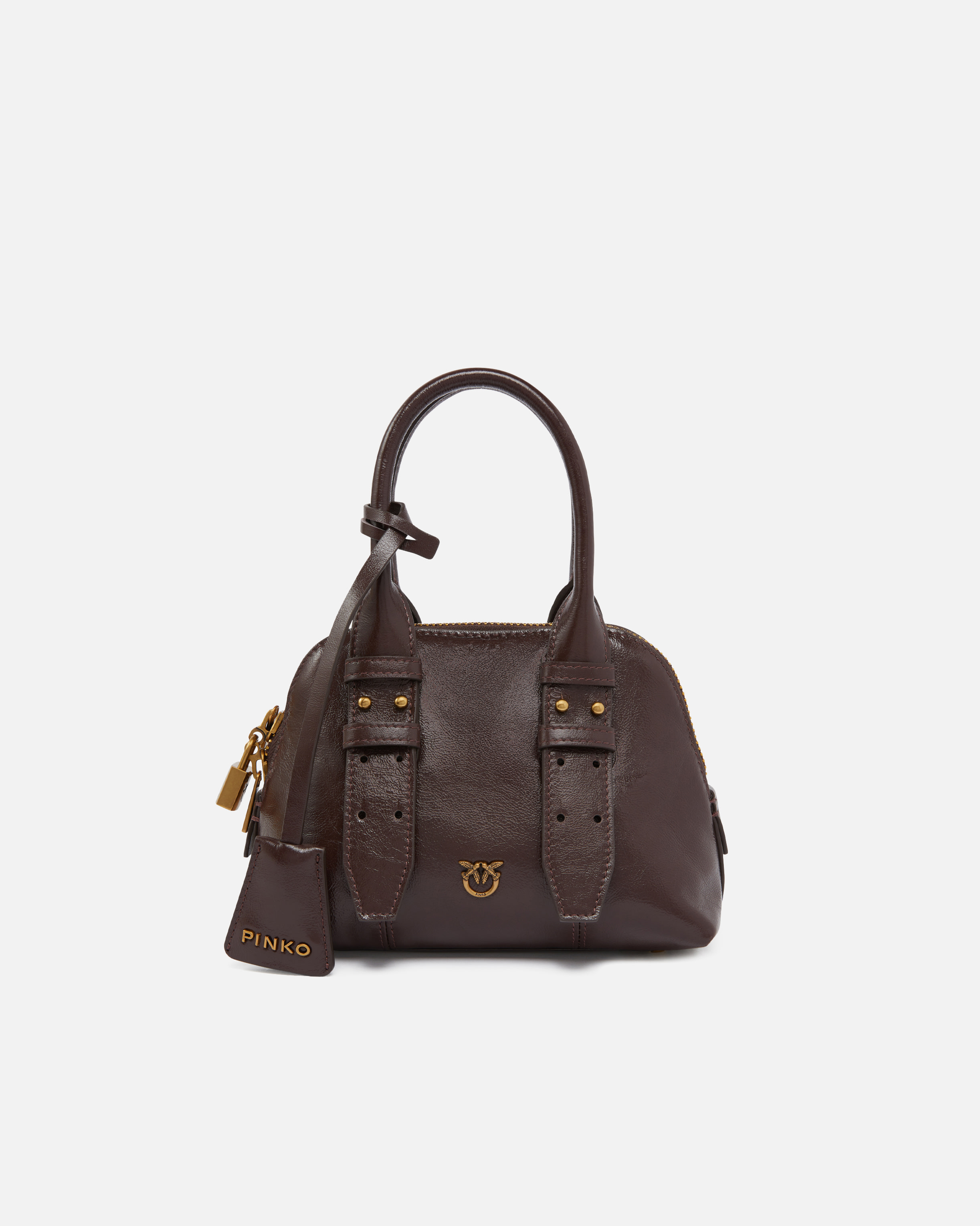Pinko Escape Bag Small Handbag In Patent-effect Leather In Brown