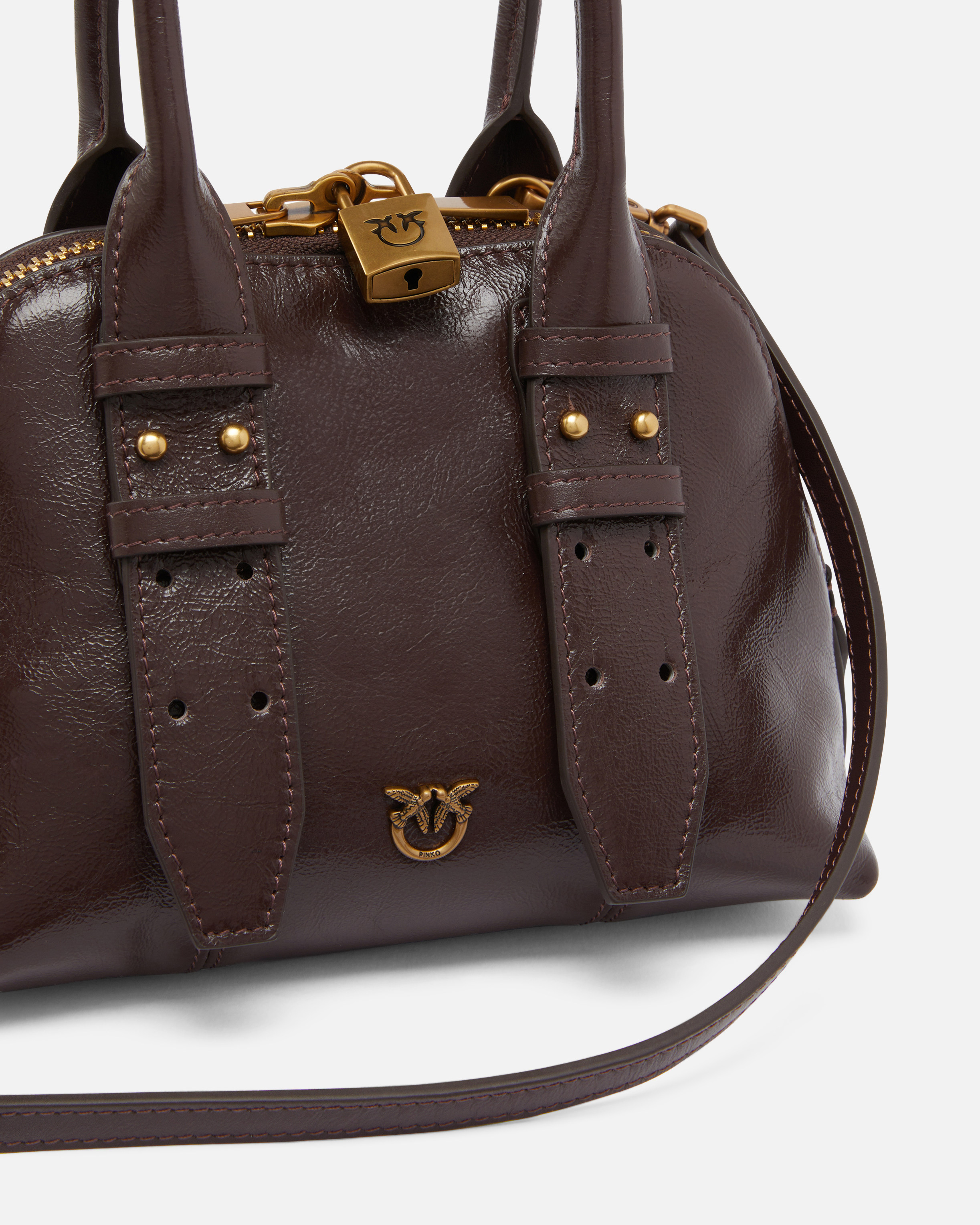 Pinko Escape Bag Small Handbag In Patent-effect Leather In Brown