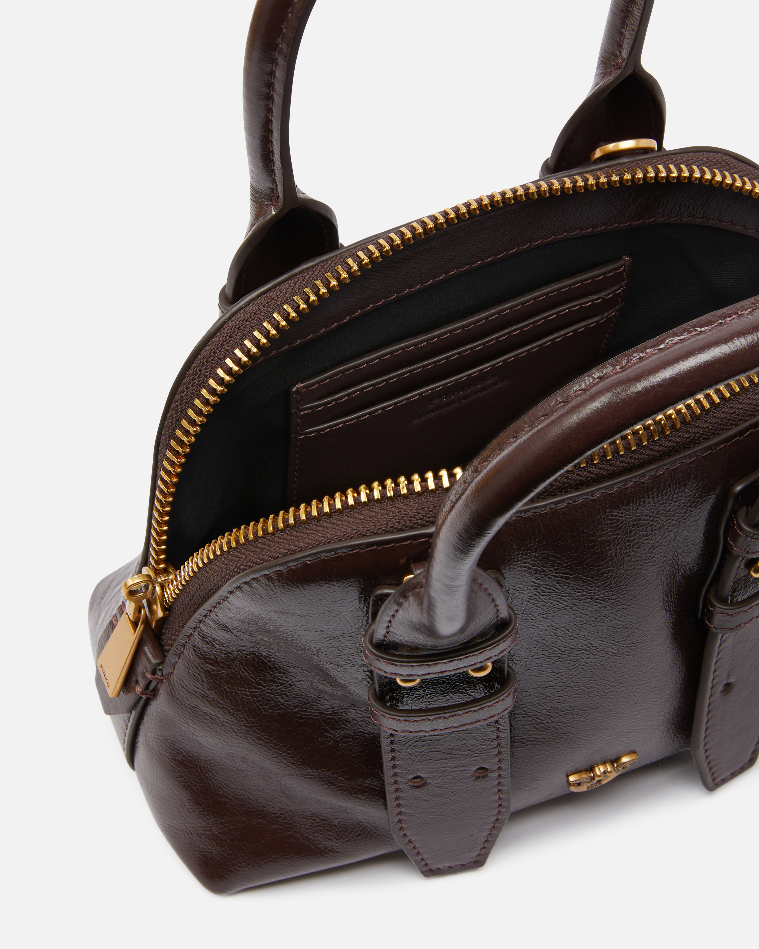 Pinko Escape Bag Small Handbag In Patent-effect Leather In Brown