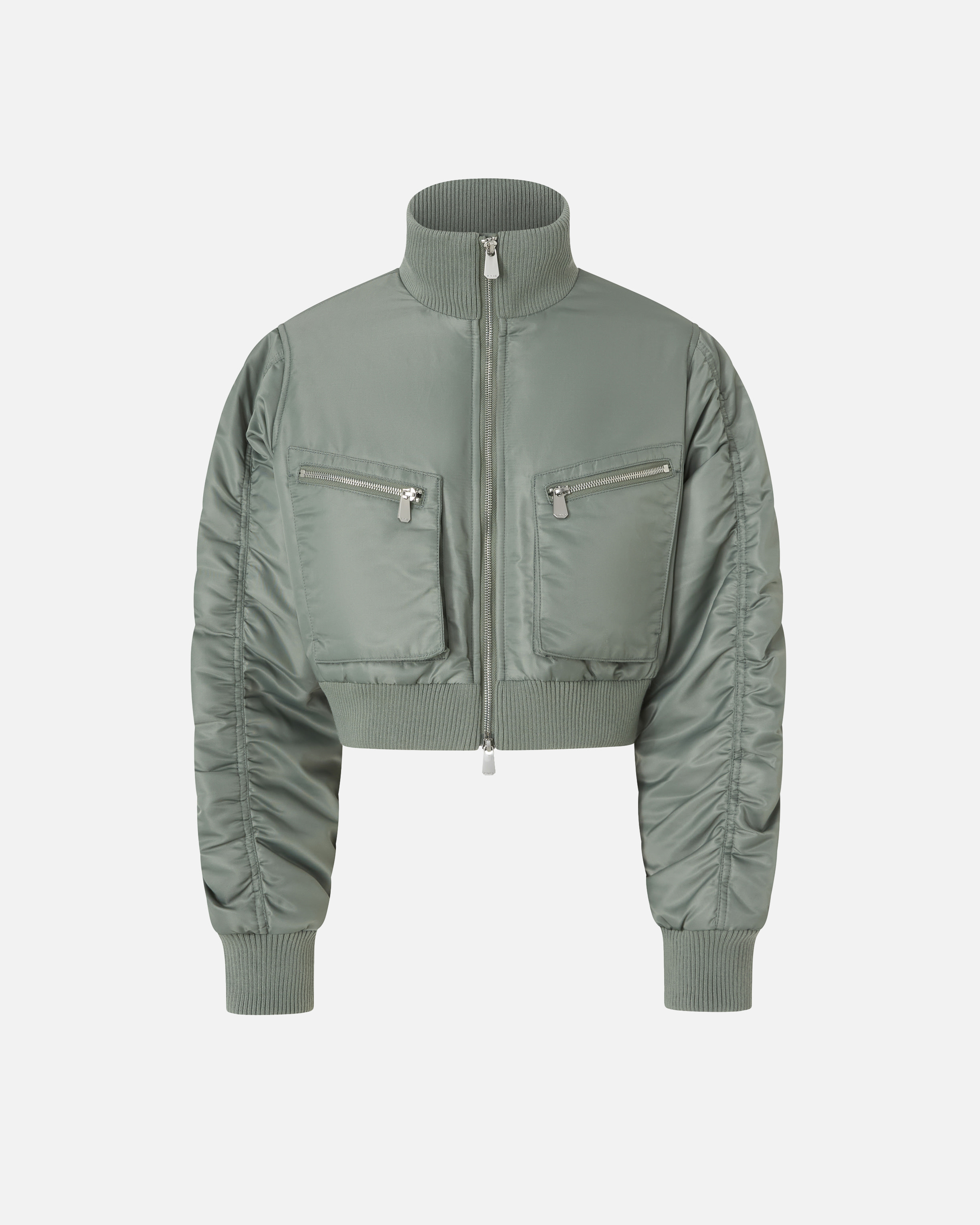Pinko Short Technical Satin Bomber Jacket In Green