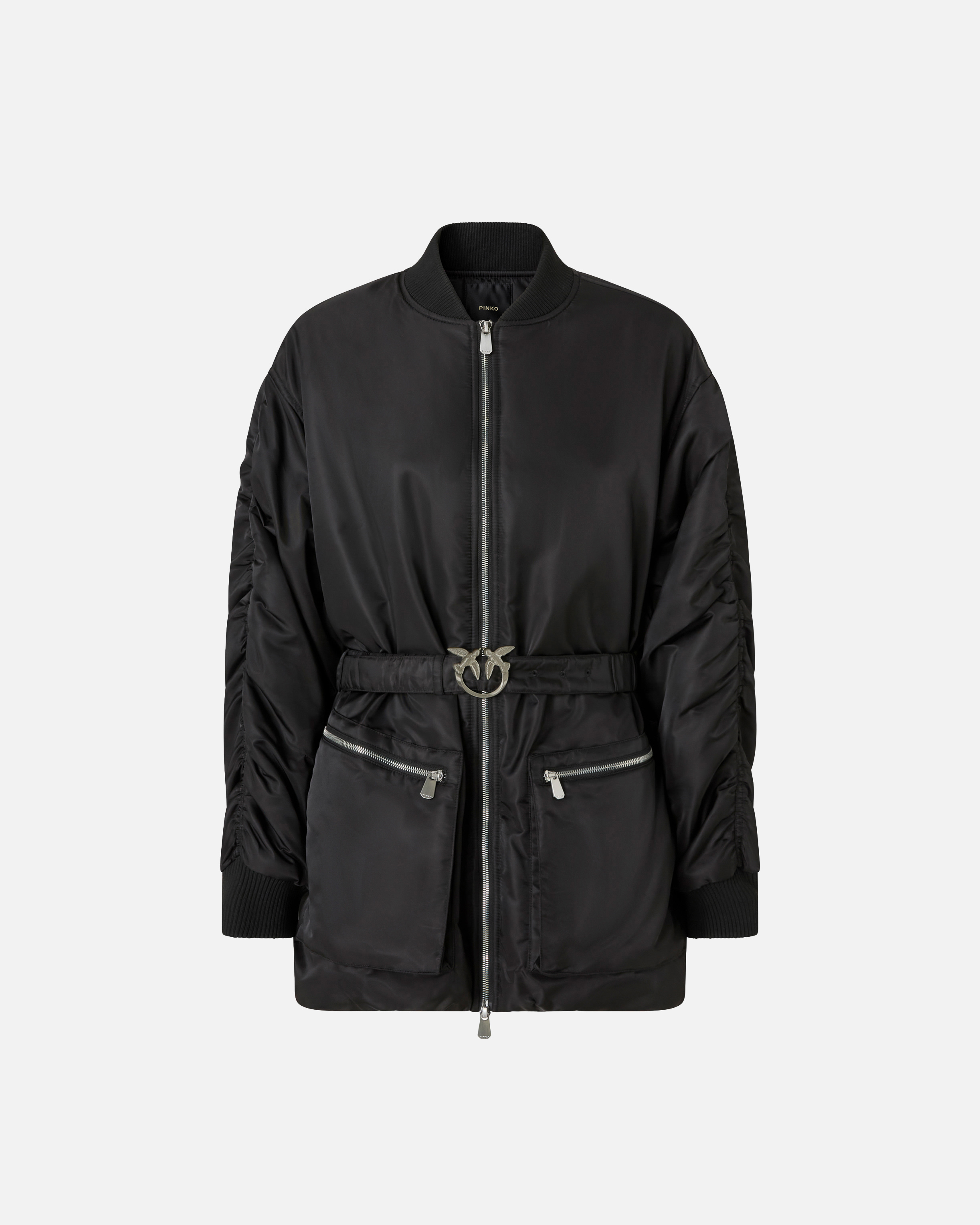 Pinko Long Technical Satin Bomber Jacket In Black