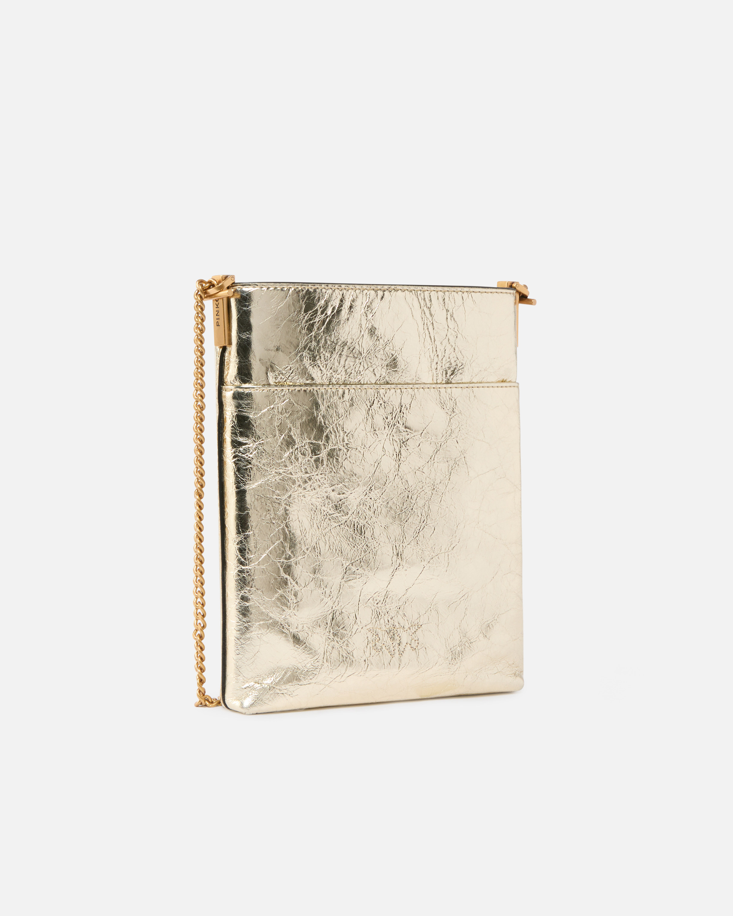 Pinko Flat Laminated Leather Bucket Bag With Shoulder Strap In Gold