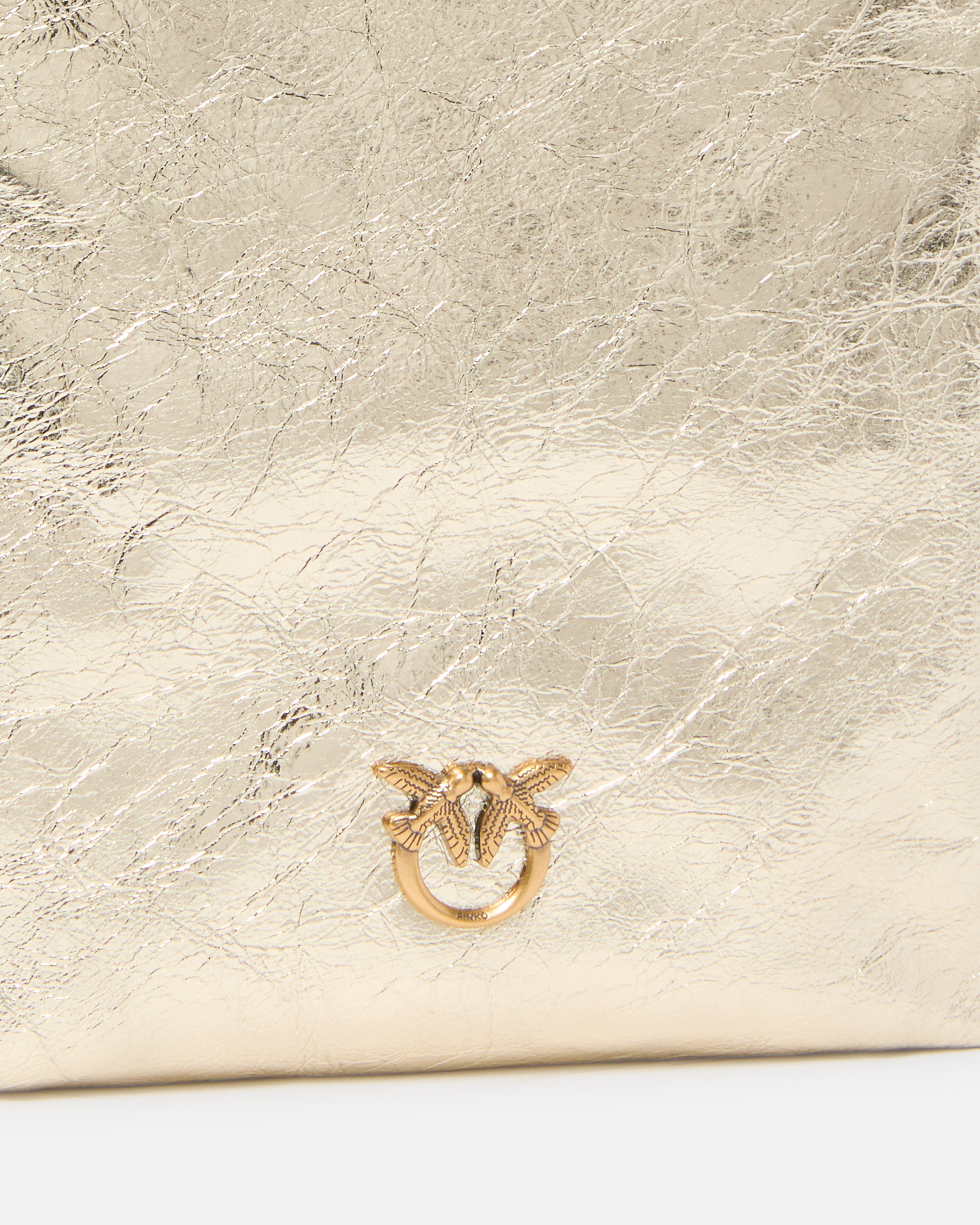 Pinko Flat Laminated Leather Bucket Bag With Shoulder Strap In Gold