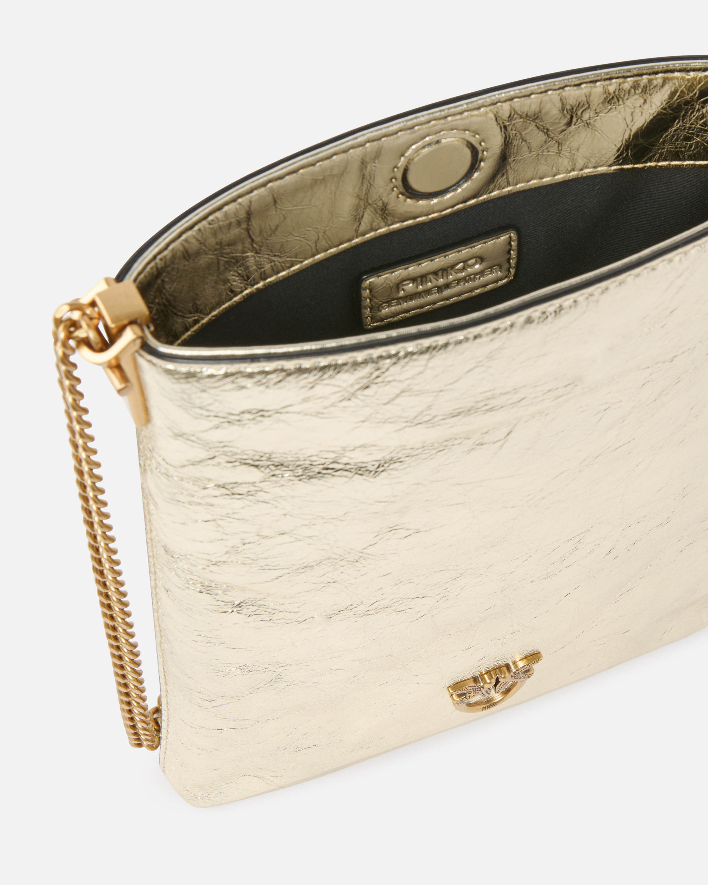 Pinko Flat Laminated Leather Bucket Bag With Shoulder Strap In Gold