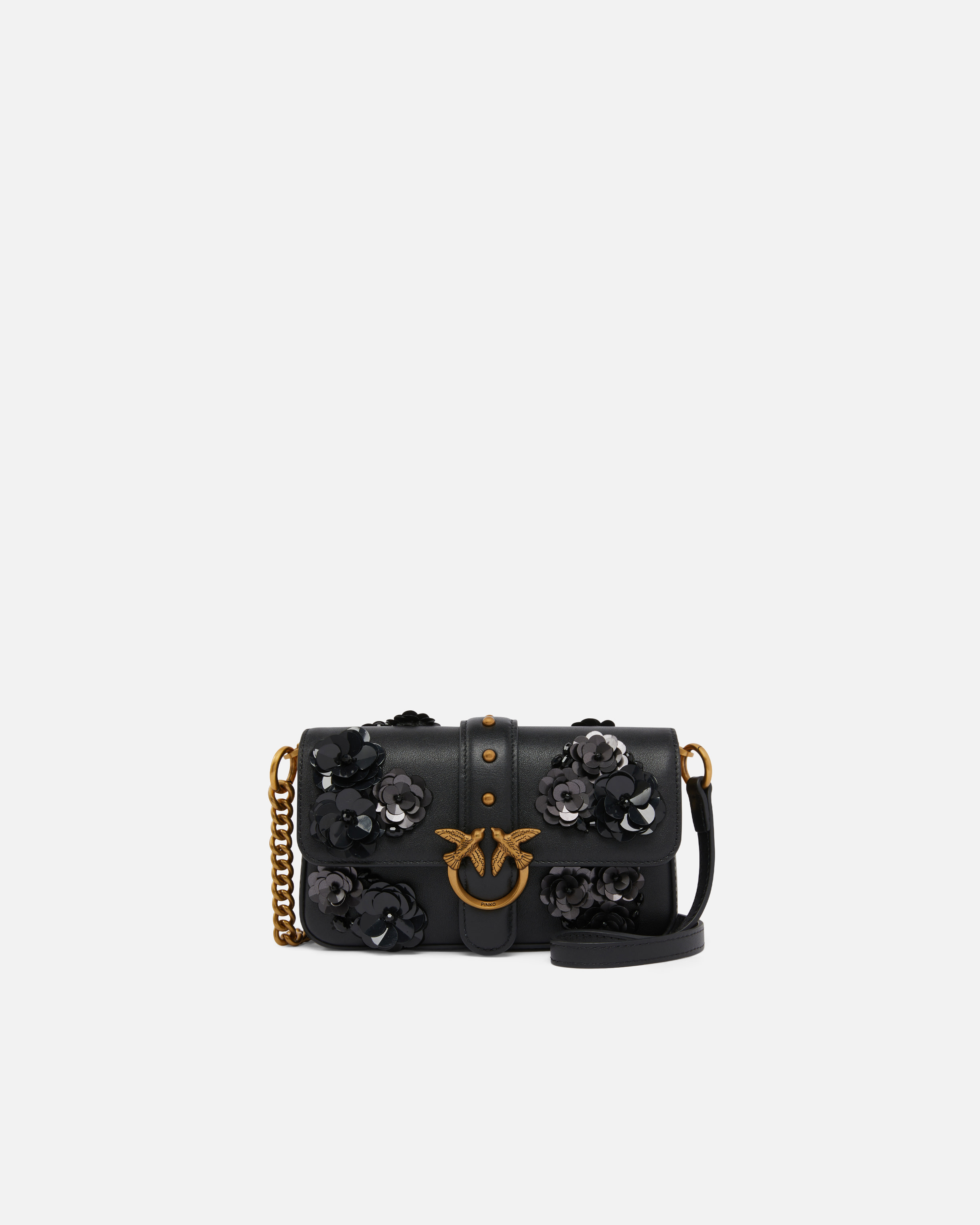 Pinko Baby Love Bag Slouchy Shoulder Bag In Leather With Jewel Flowers In Black