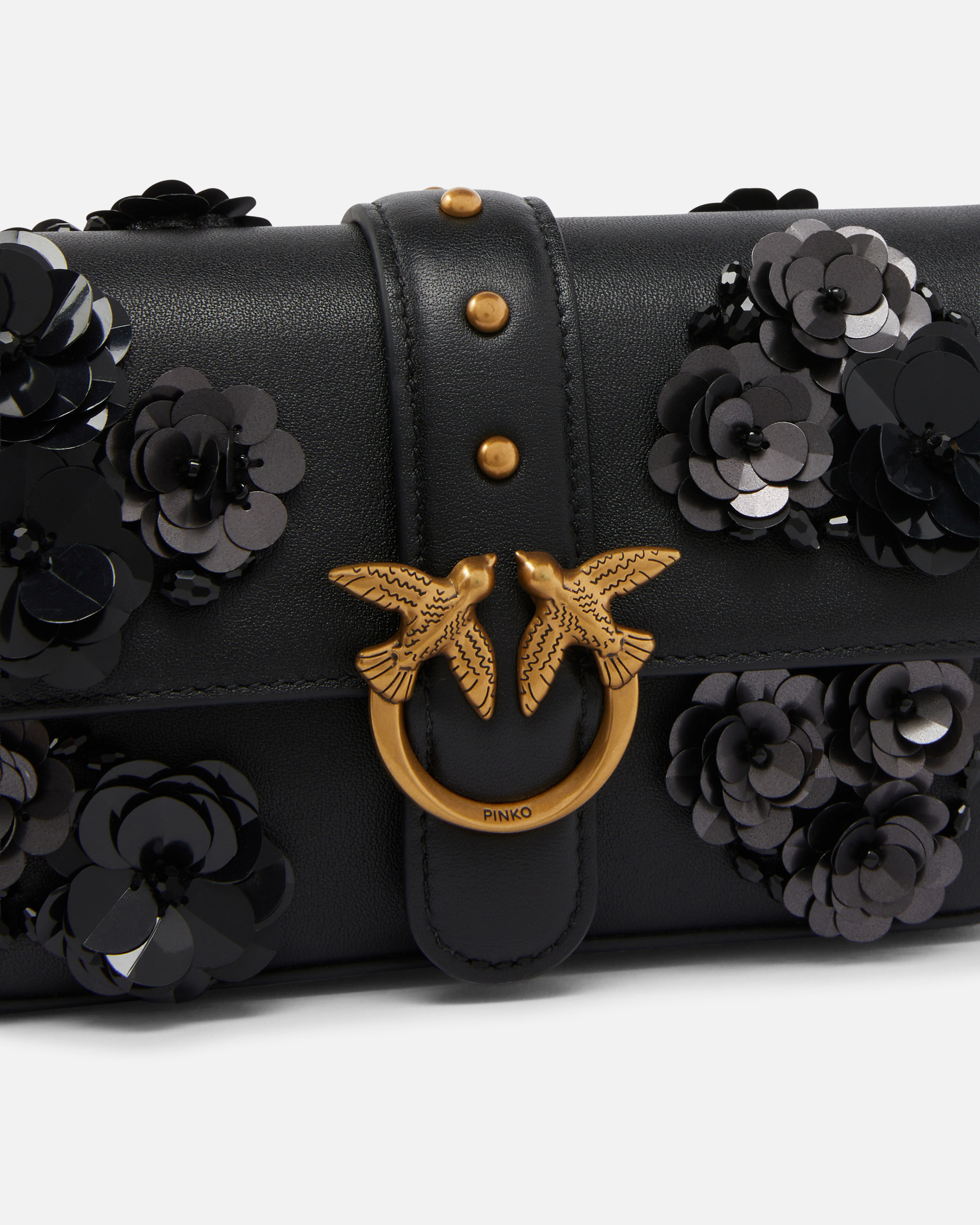 Pinko Baby Love Bag Slouchy Shoulder Bag In Leather With Jewel Flowers In Black