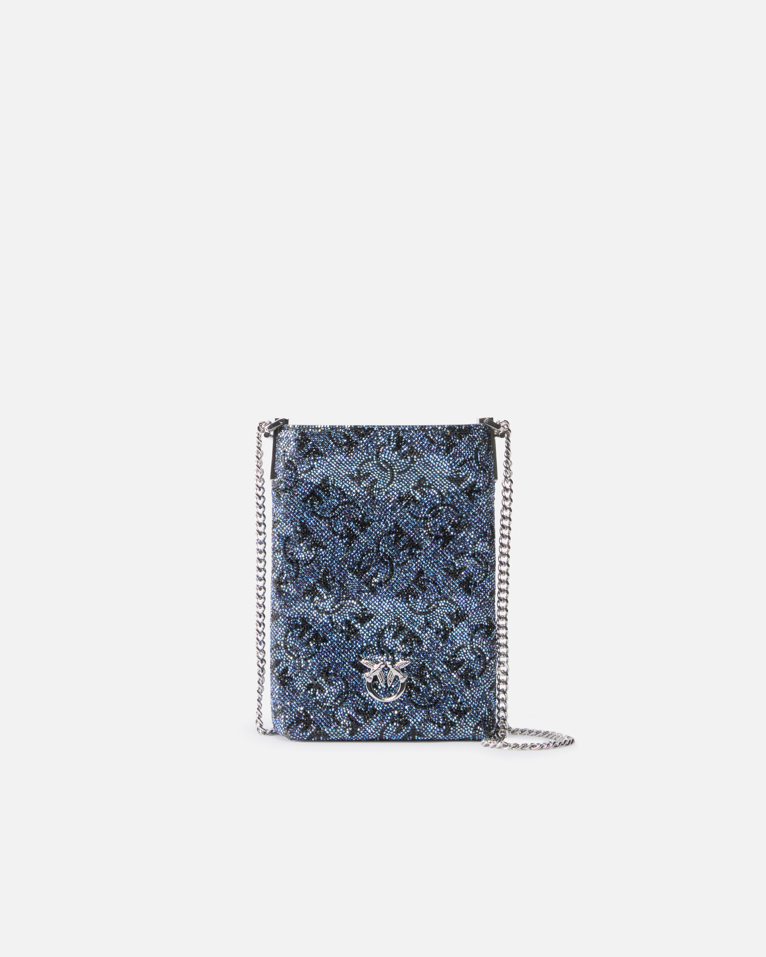 Fully rhinestoned leather smartphone case with shoulder strap - Silver - large | Pinko 