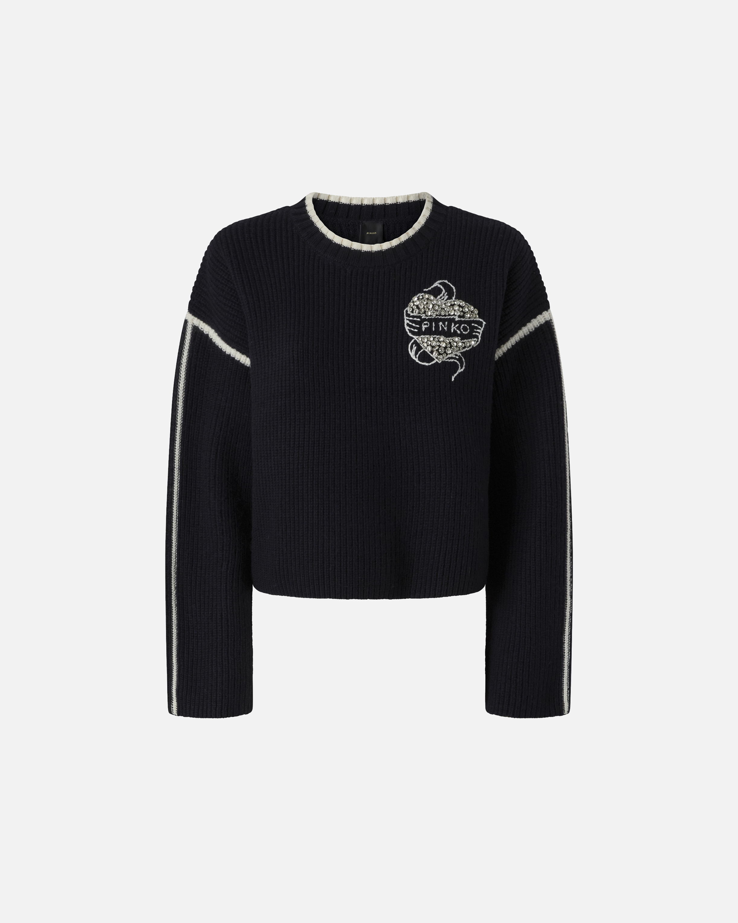 ピンコPINKOレース&フリル スウェットトップ黒#XS Crew-neck sweatshirt with wide sleeves and raised logo PINKO