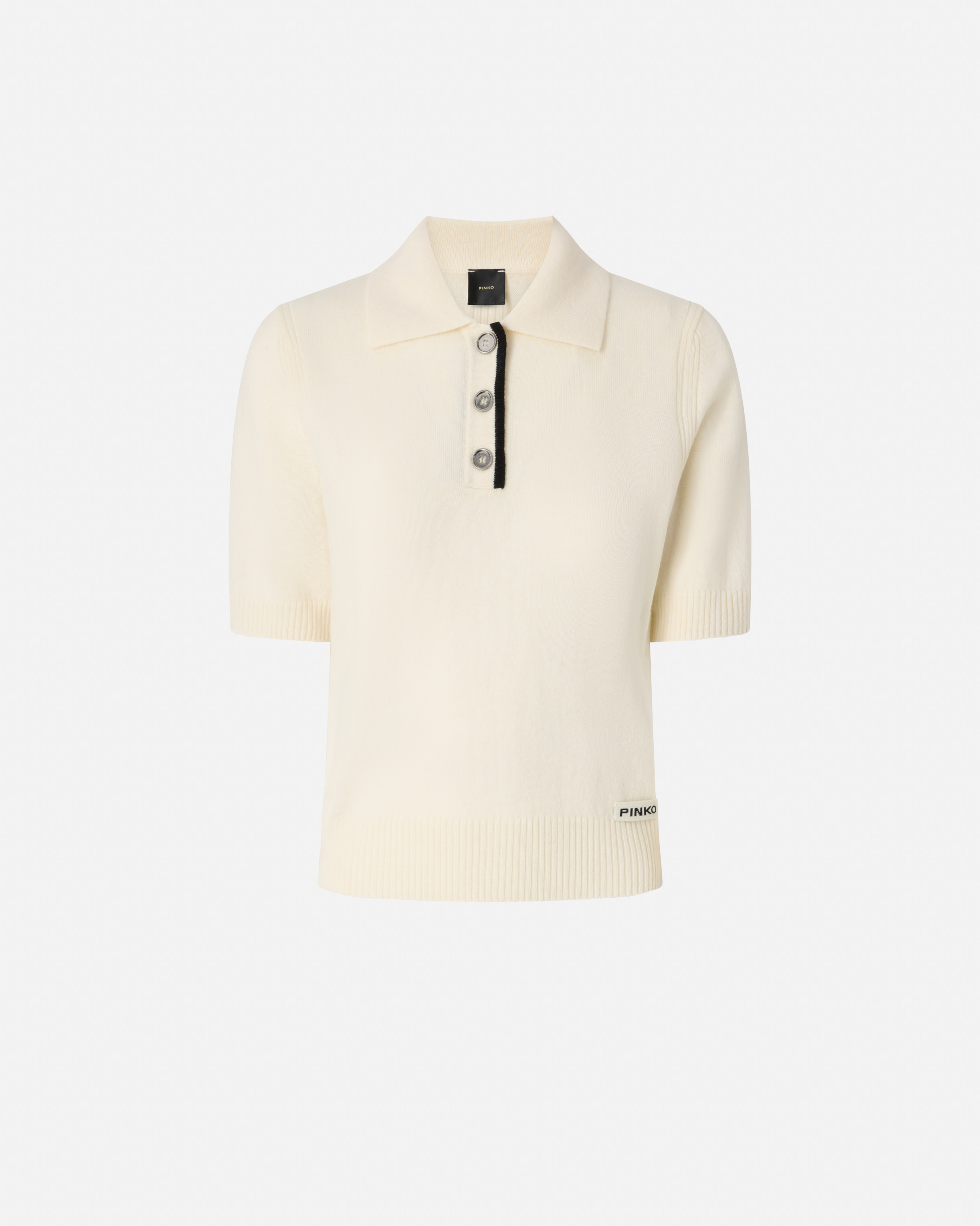 Pinko White Polo Shirt With Logo Patch On The Front And Ribbed Details In Wool Woman In Neutral