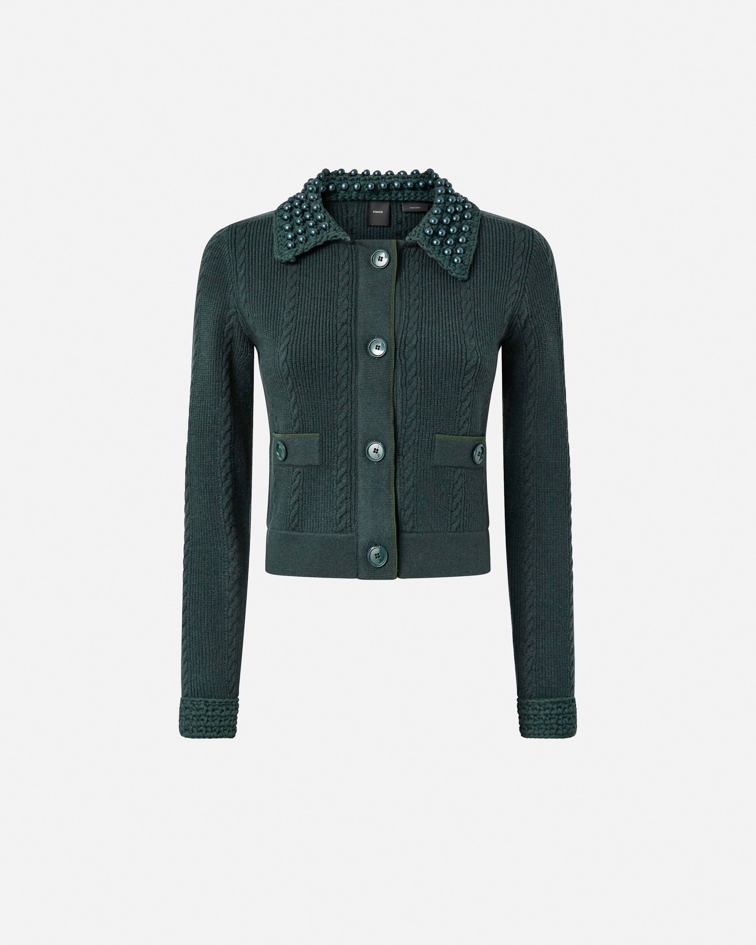 Pinko Cable-knit Pearl-embellished Cardigan In Green