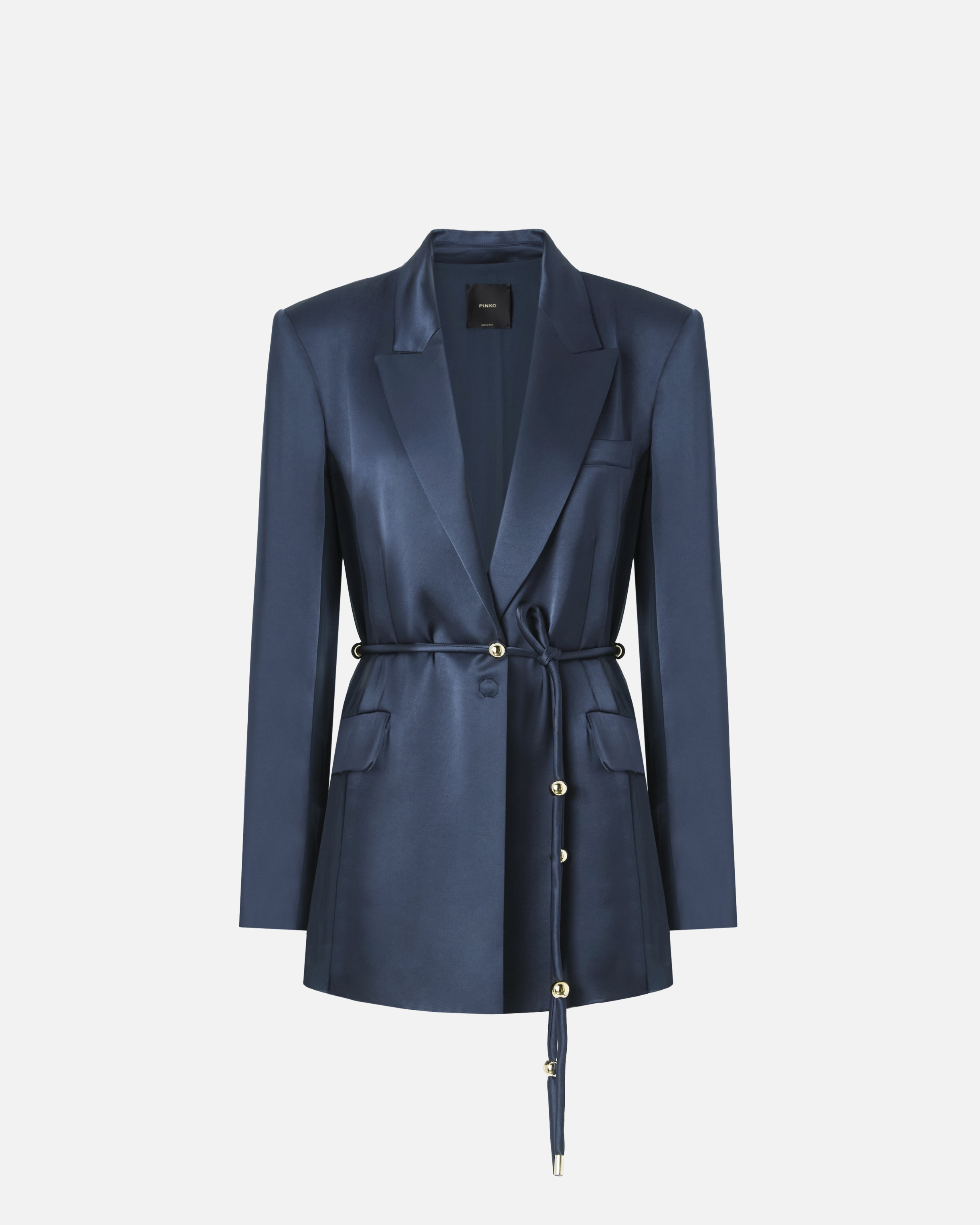 Pinko Glossy Satin Blazer With Belt And Sphere Accent In Blue