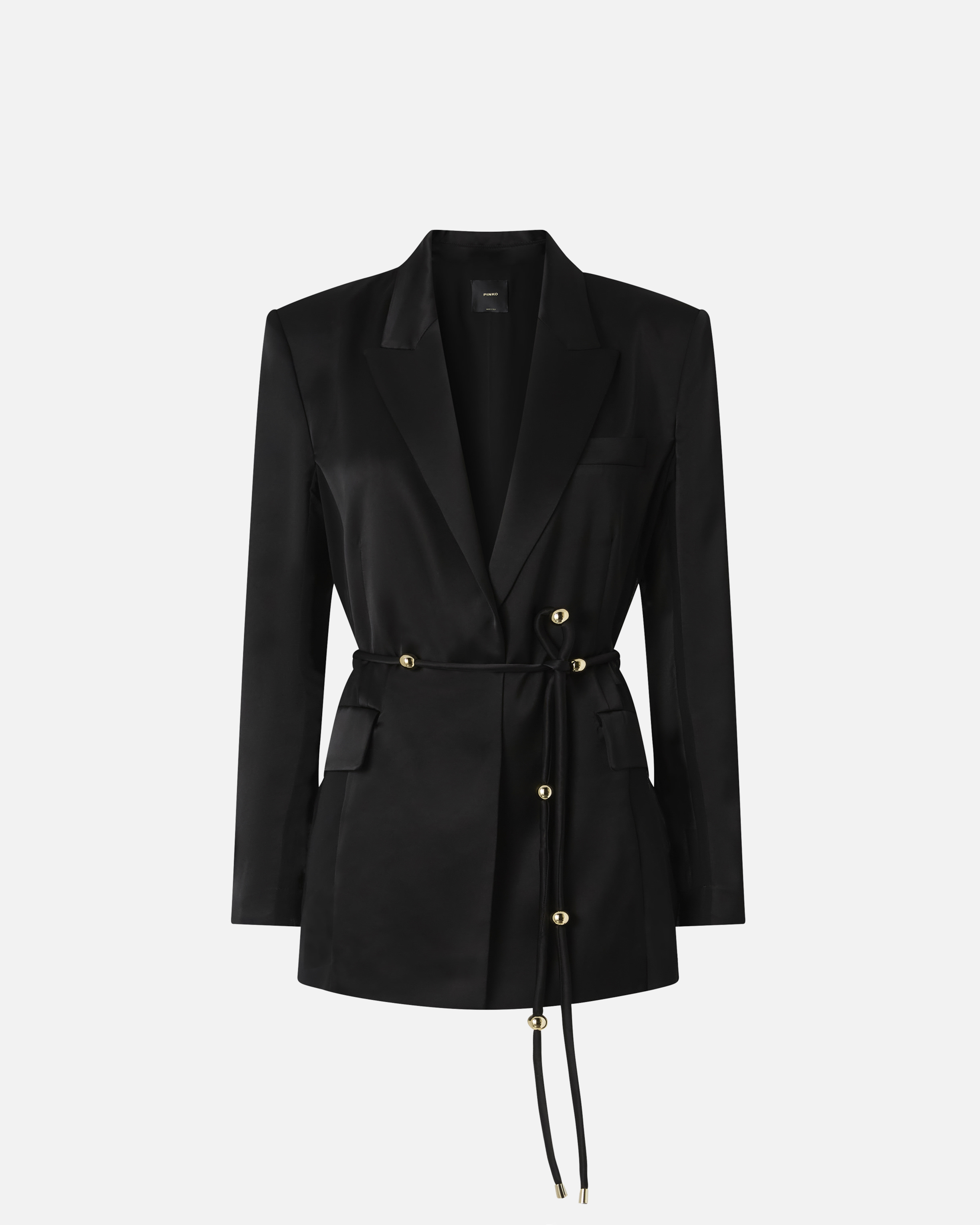 Pinko Glossy Satin Blazer With Belt And Sphere Accent In Black