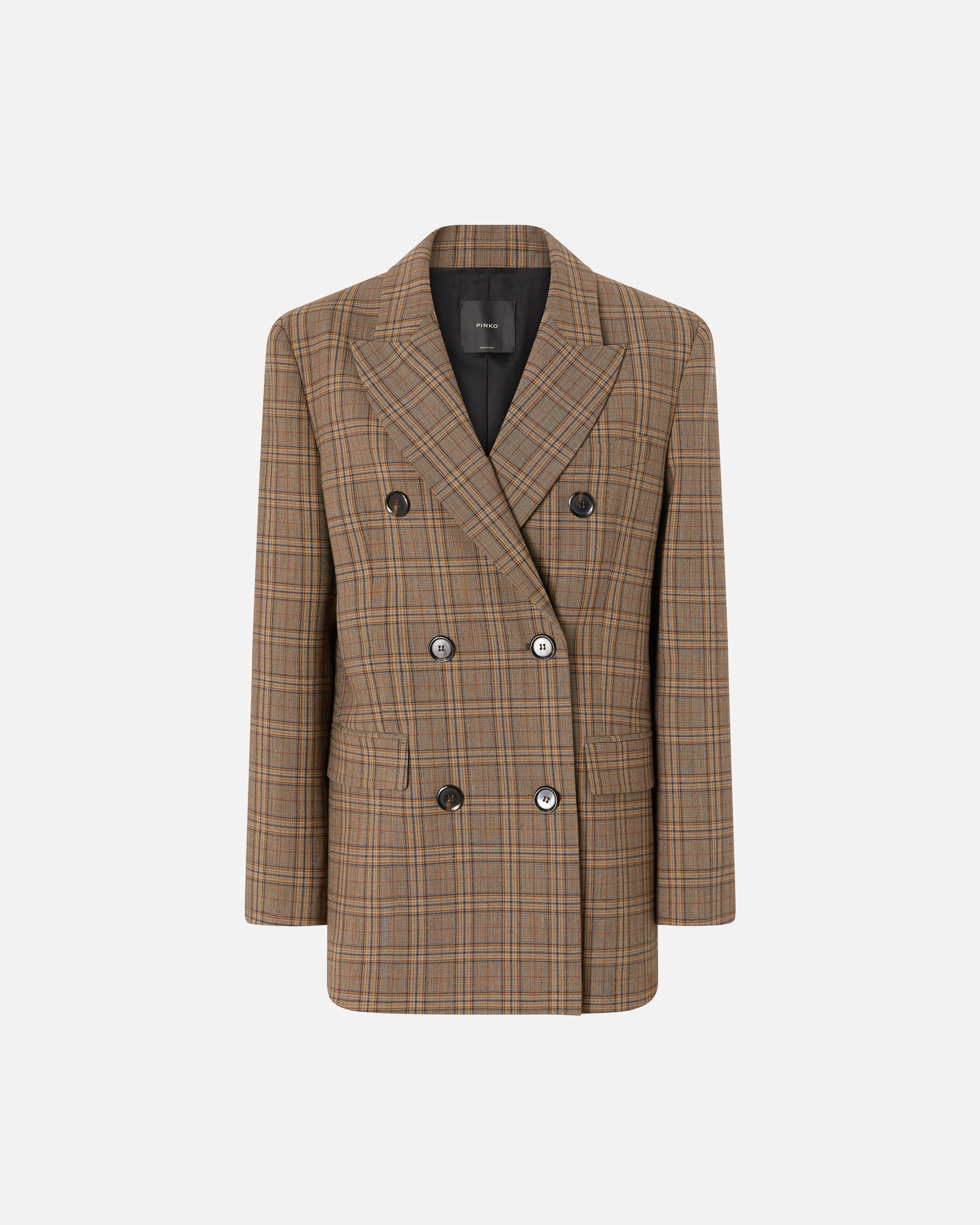 Pinko Double-breasted Blazer With Checked Pattern In Brown Camel