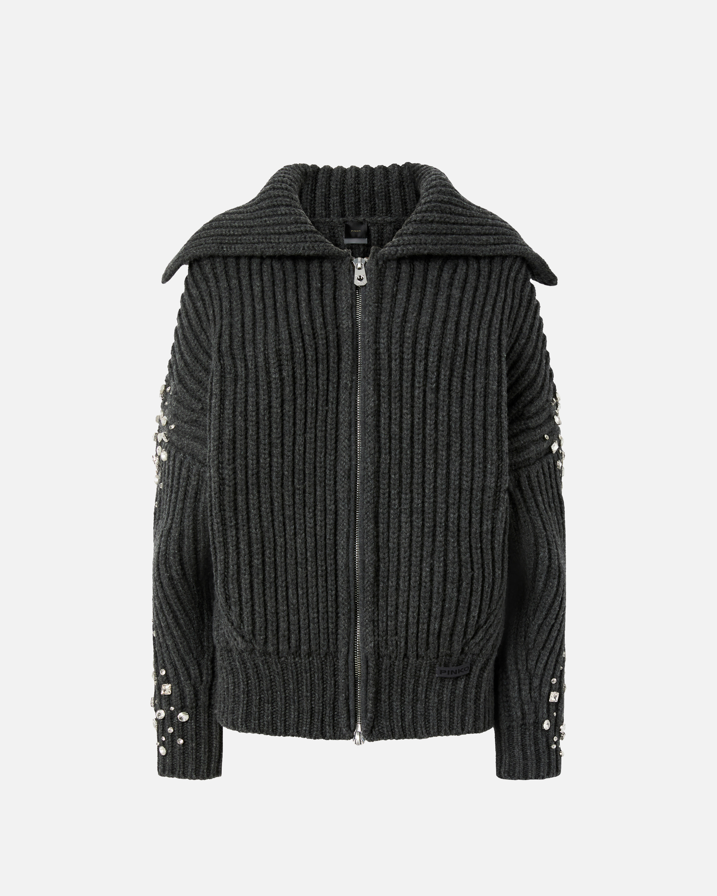 Pinko Crystal-embellished Ribbed Cardigan In Gray